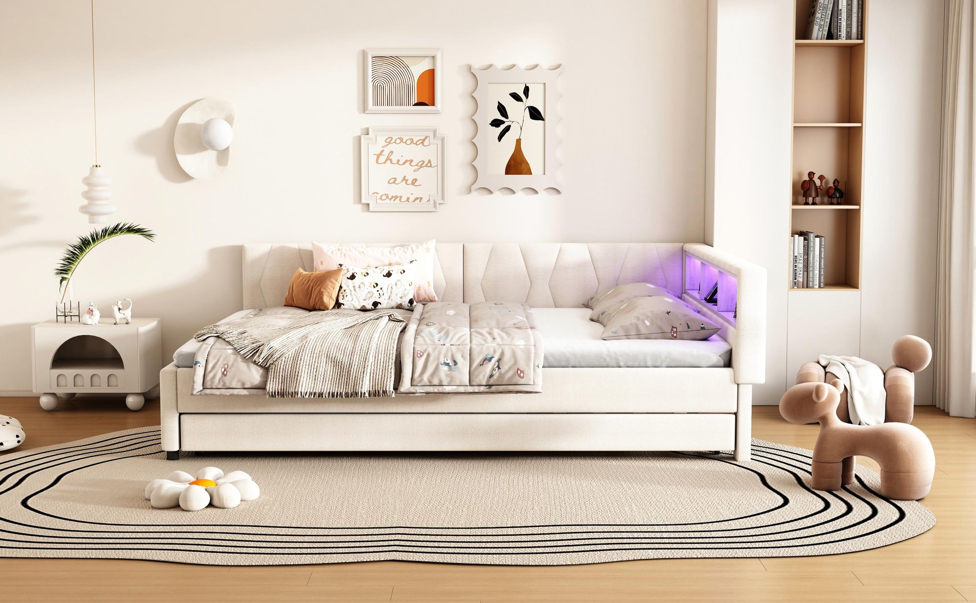 Merax Tagesbett Daybett 140x200 cm, mit Ausziehbett 90x190 cm, Gästebett mit LED, USB+Typ C, Schlafsofa, Leinen Polsterbett, Beige