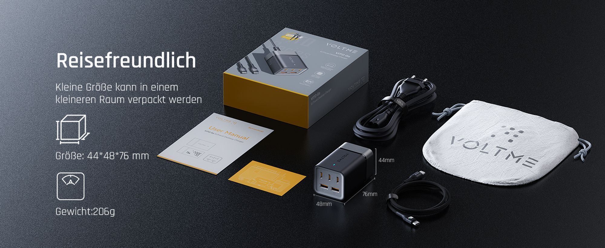 75W GaN3 USB-C Ladegerät, VITO Go EzTravel Desktop Charger , PD3.0 5-Port Mehrfach Schnellladegerät 3xUSB-C + 2xUSB