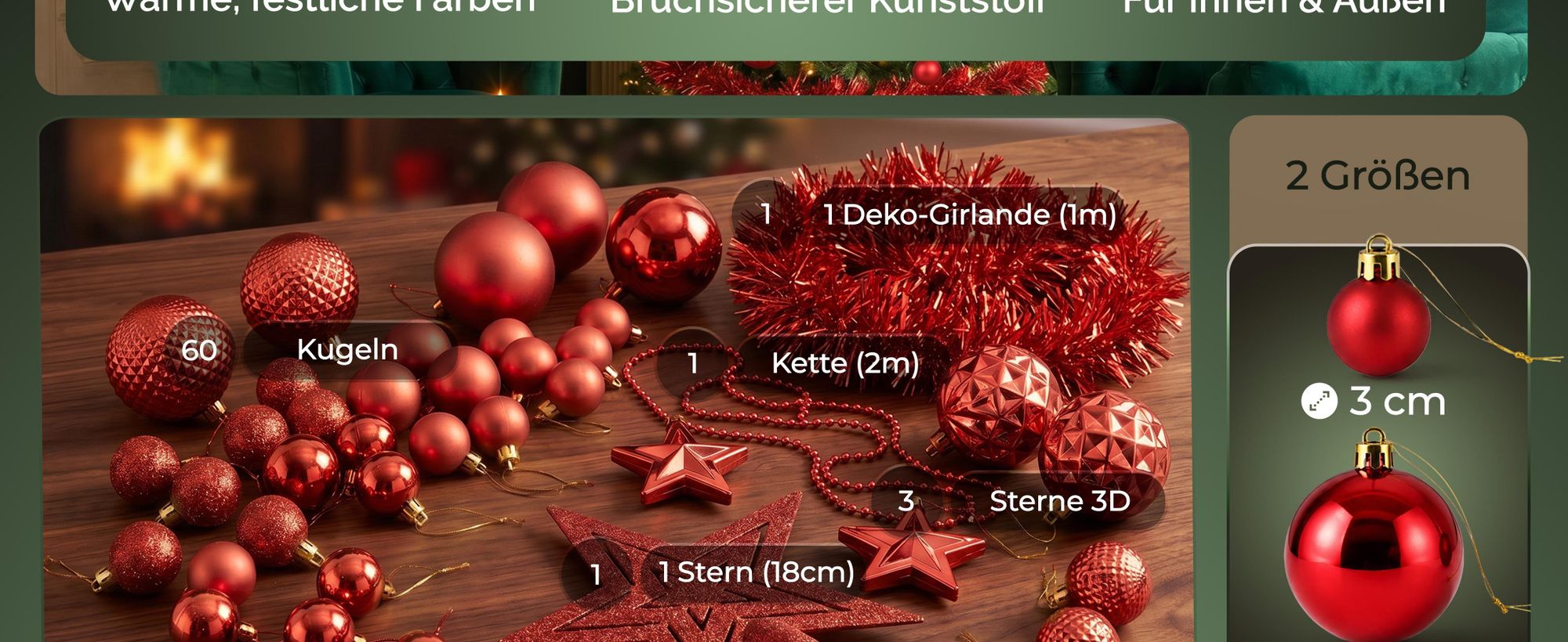 DEUBA® Weihnachtskugeln 66tlg Baumschmuck-Set mit Sternen Kunststoff Rot