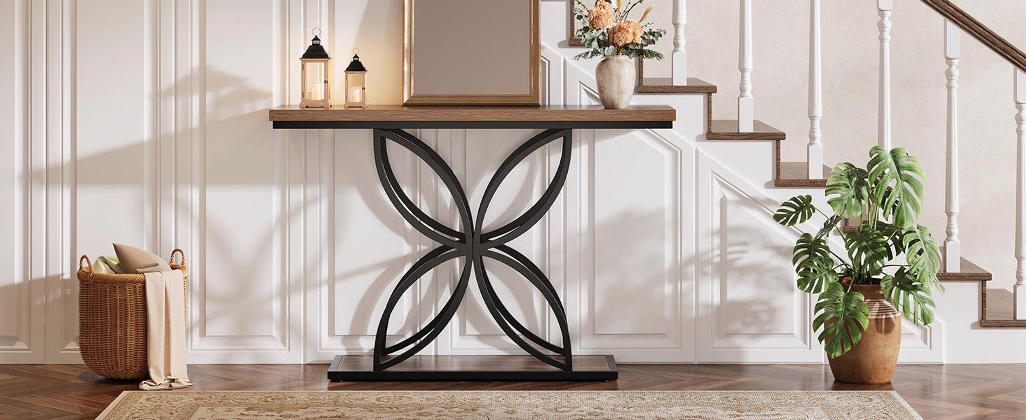 Tribesigns Farmhouse Konsolentisch, 120 cm Eingangstisch mit Metallrahmen, langer schmaler Sofatisch aus Holz hinter der Couch Flur, Eingang, Braun