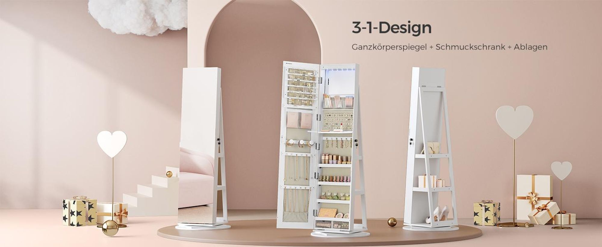 SONGMICS Schmuckschrank mit LED und Spiegel, 3 Ablagen, 360° drehbar, weiß