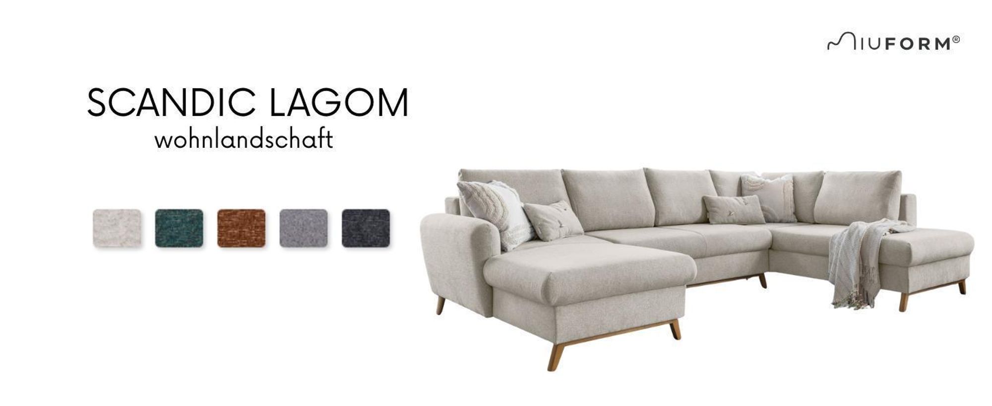 MIUFORM Scandic Lagom - Ecksofa mit Bettfunktion und Bettkasten U-FORM LINKS - 312x202 cm - Beige - Sofa Schlafsofa Couch