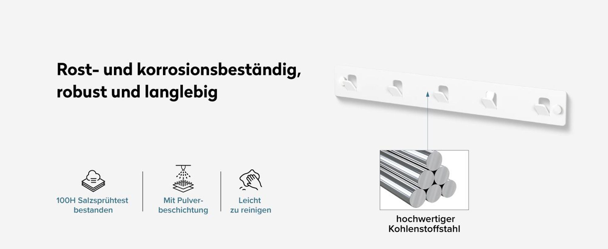 doporro Garderobenleiste mit 5 Haken, Wandgarderobe mit Garderobenhaken, Kleiderhaken Wand, Hakenleiste, selbstklebend oder zum Bohren, Weiß, Stalo-14