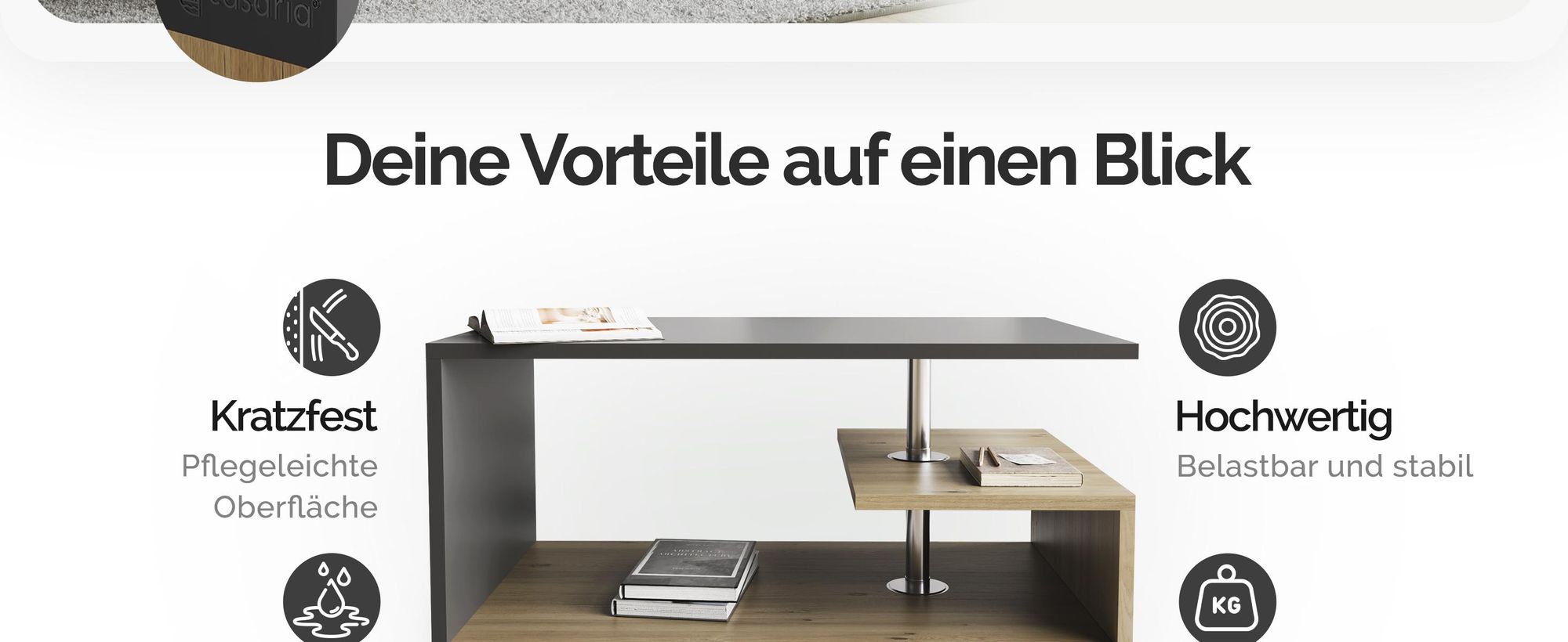 CASARIA Couchtisch mit Stauraum Holz-Grau