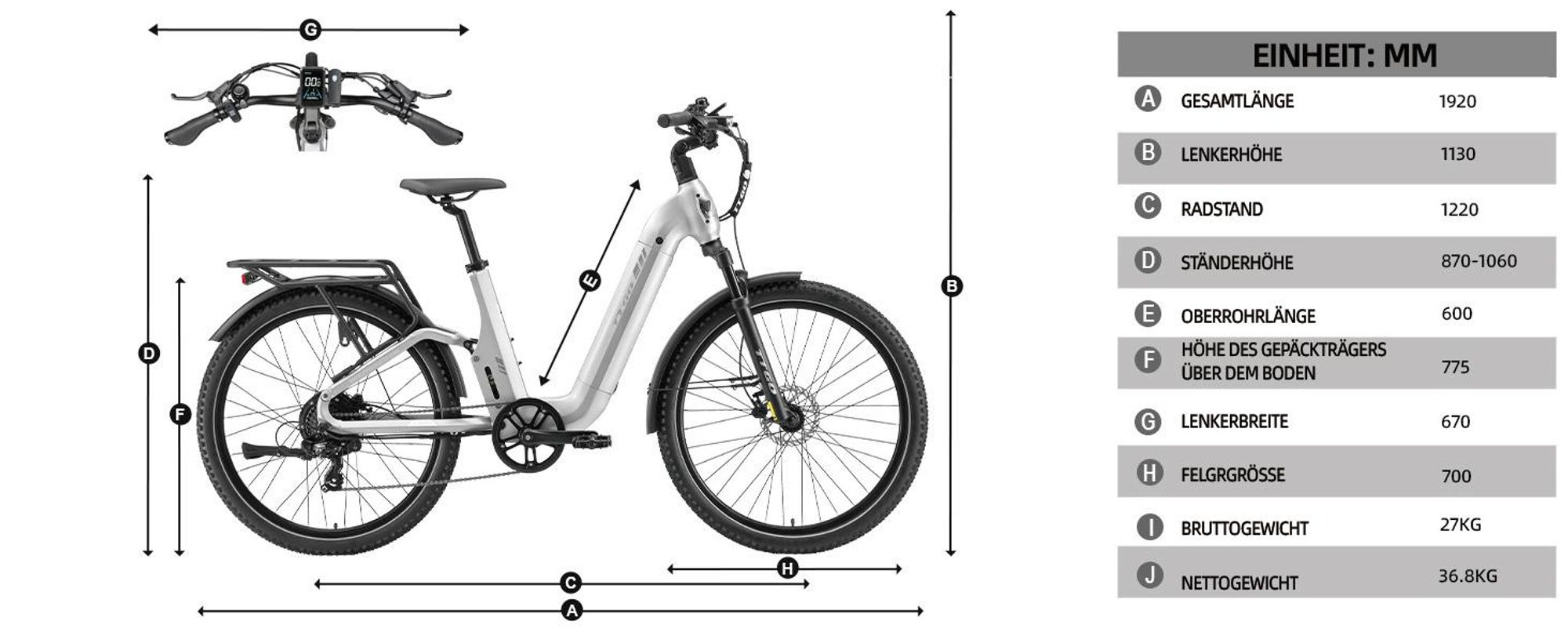 TTGO E-SUVO S6 E-Bike 28 Zoll Damen Herren, SUV, Fully, 48V 720Wh bis zu 140km, 70NM,Bremslicht,7 Gang Shimano, Softtail Elektrofahrrad Pedelec Weiß