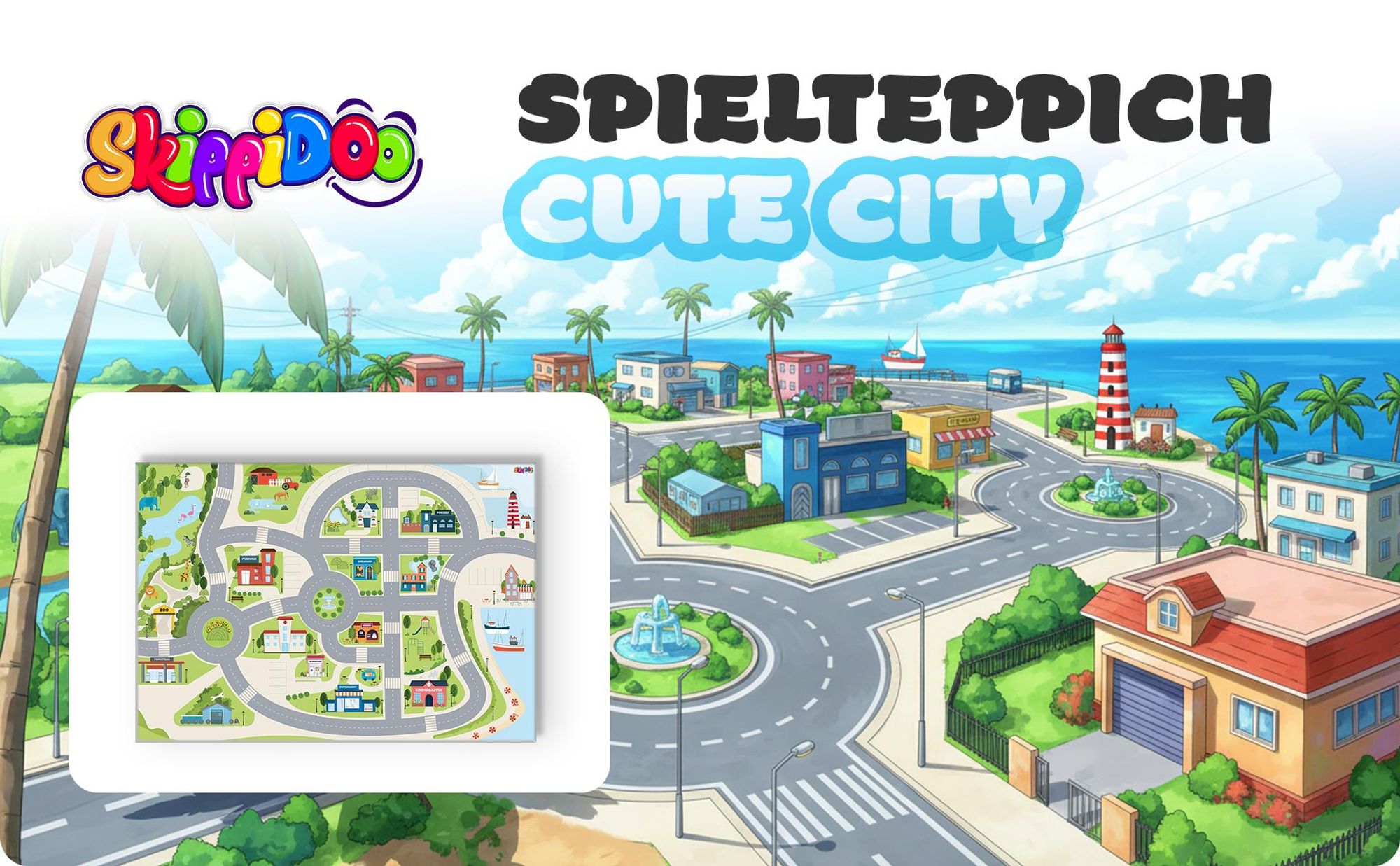 Spielteppich Straßenteppich Cute City Größe: 200cm x 140cm - Teppich Jungen & Mädchen Kinderzimmer, Kinderteppich