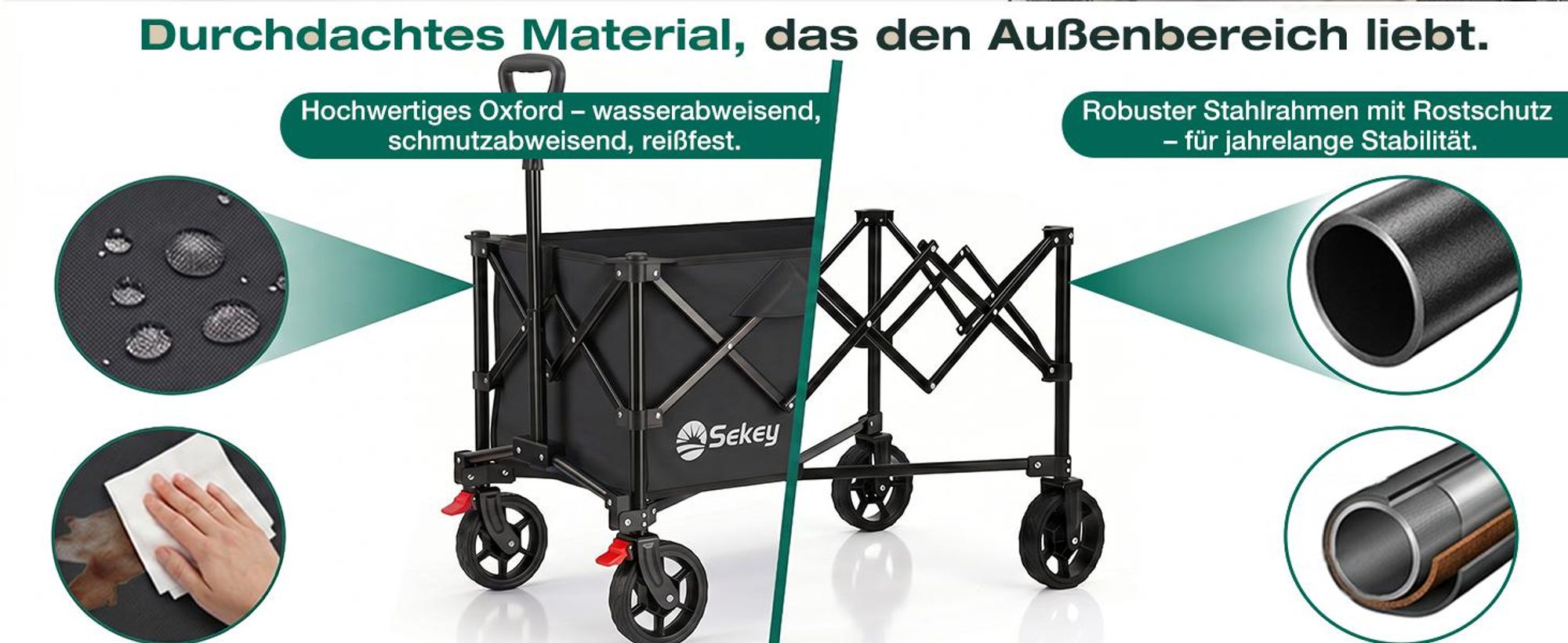 Sekey Bollerwagen faltbar 150 kg mit Bremsen, klappbarer Handwagen für Garten und Ausflug, Schwarz