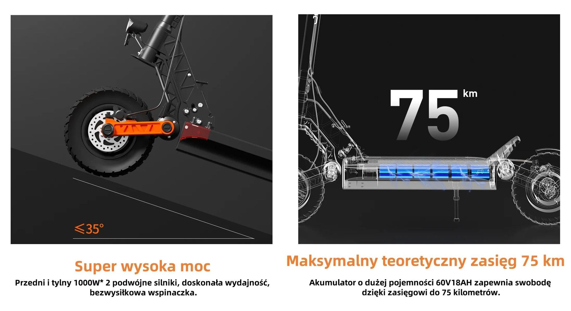 Skuter elektryczny JOYOR S10-S-Z ze wskaźnikami - 1000 W * 2 silnik 60 V 18 Ah akumulator 70 km zasięgu hamulec tarczowy - czarny