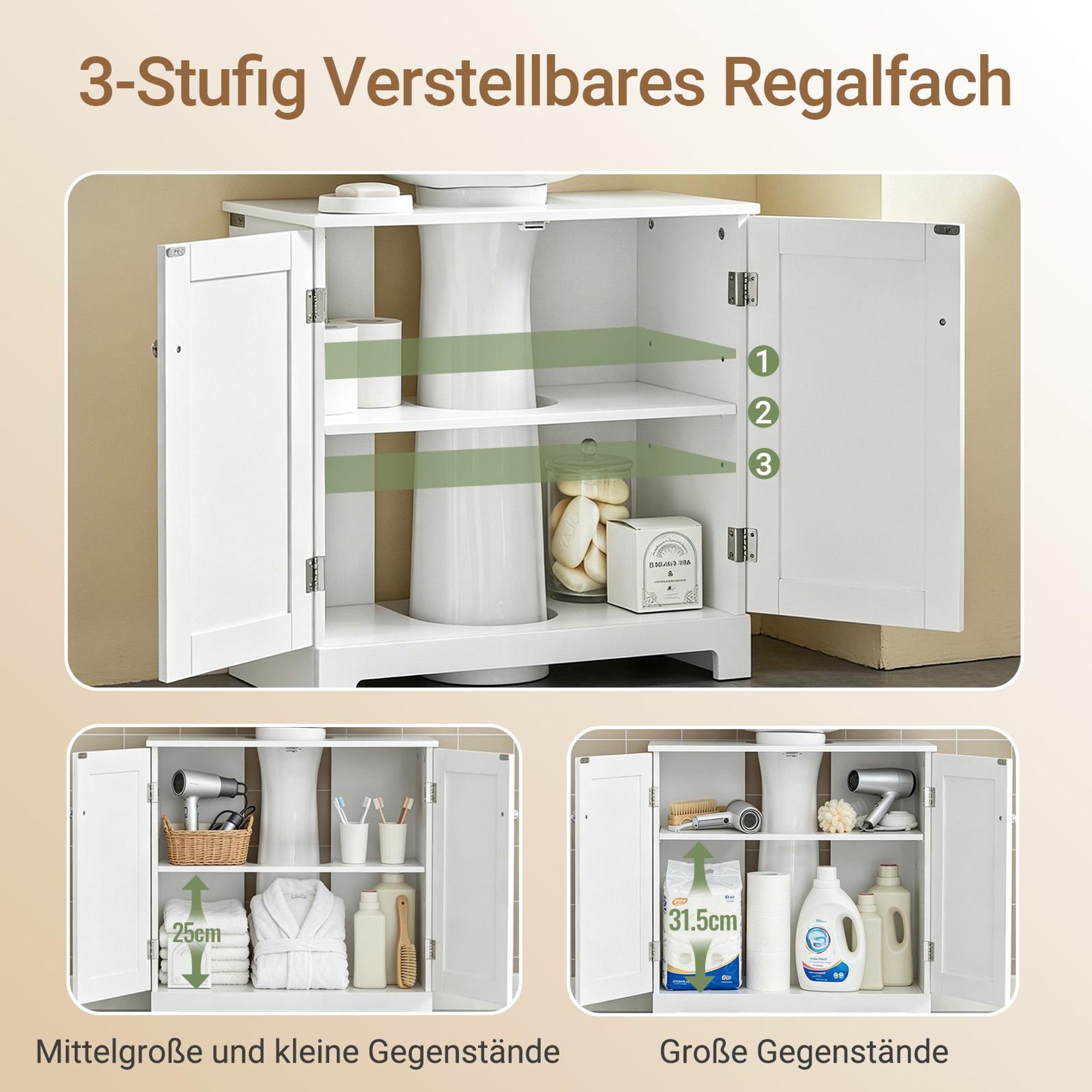 SoBuy Waschbeckenunterschrank für Standwaschbecken, 60x29x60 cm | Badschrank mit 2 Türen und verstellbarem Einlegeboden, Weiß BZR18-II-W