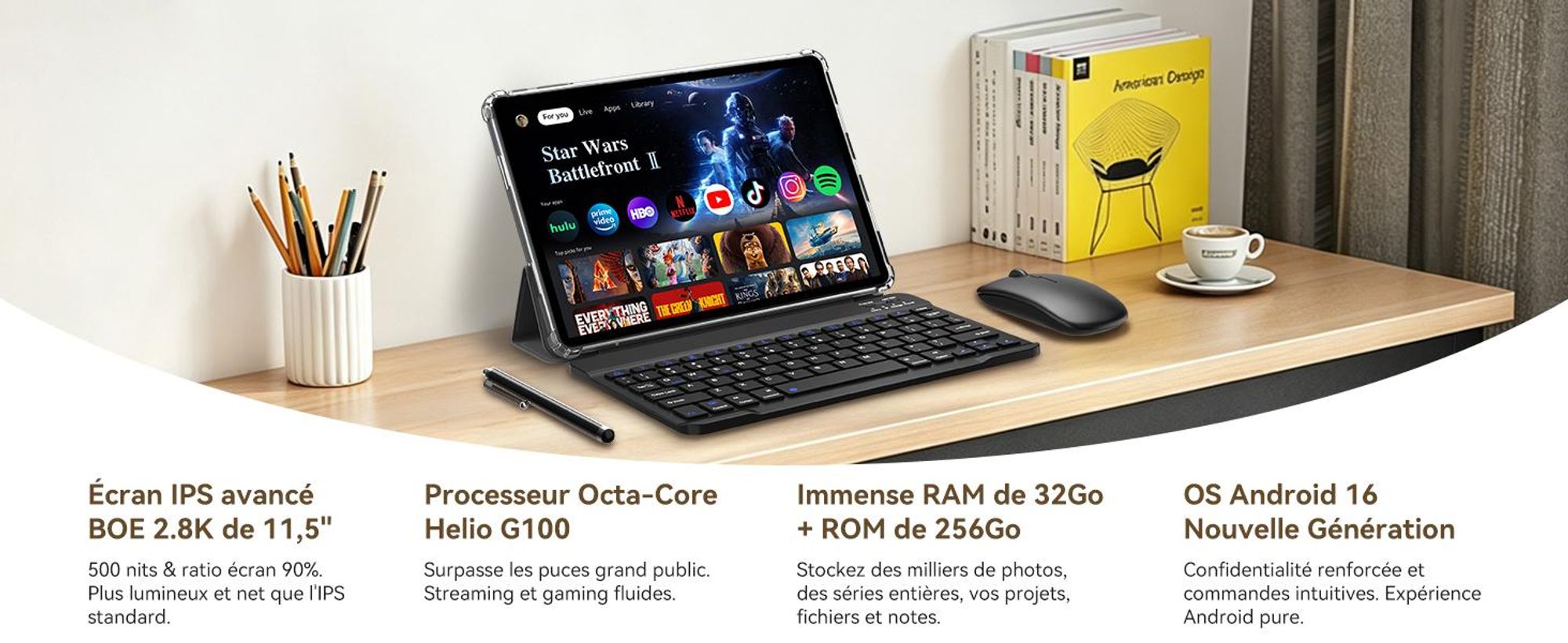Tablette 2026 T12Pro de 11,5 pouces, écran BOE 2,8K, Android 16, processeur Helio G100, 32 Go + 256 Go de stockage, batterie 8000 mAh, double SIM 4G, reconnaissance faciale, appareil photo 13 MP, inclut un clavier, une souris, un stylet et une coque