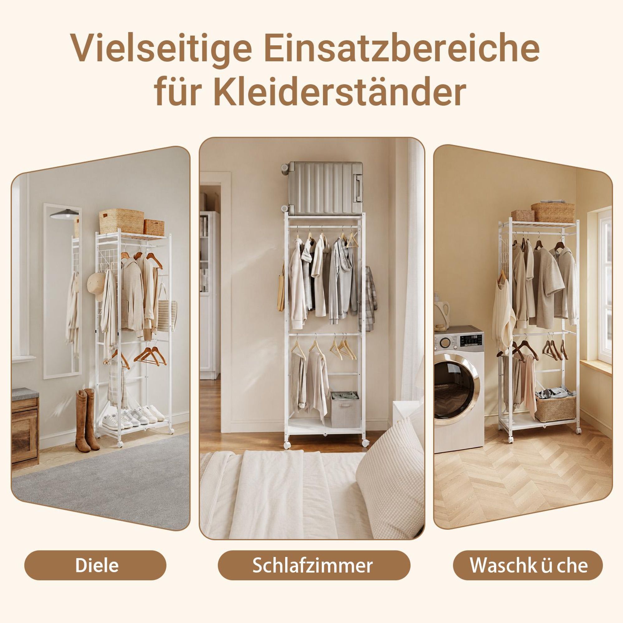 SoBuy Kleiderständer mit Rollen und Ablageböden, Garderobenständer aus Metall, Weiß Vertikaler Metallrahmen mit oberem KLS21-W