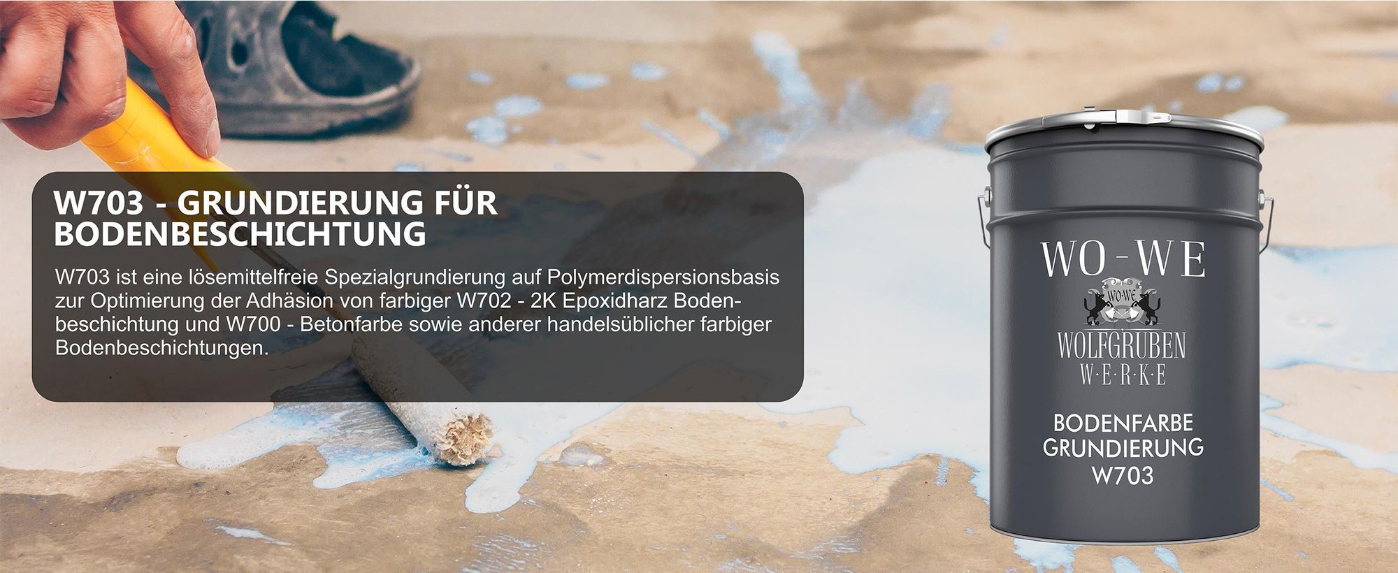 WO-WE W703 Grundierung für Bodenbeschichtung, Eimer und Anwendung mit Farbrolle.