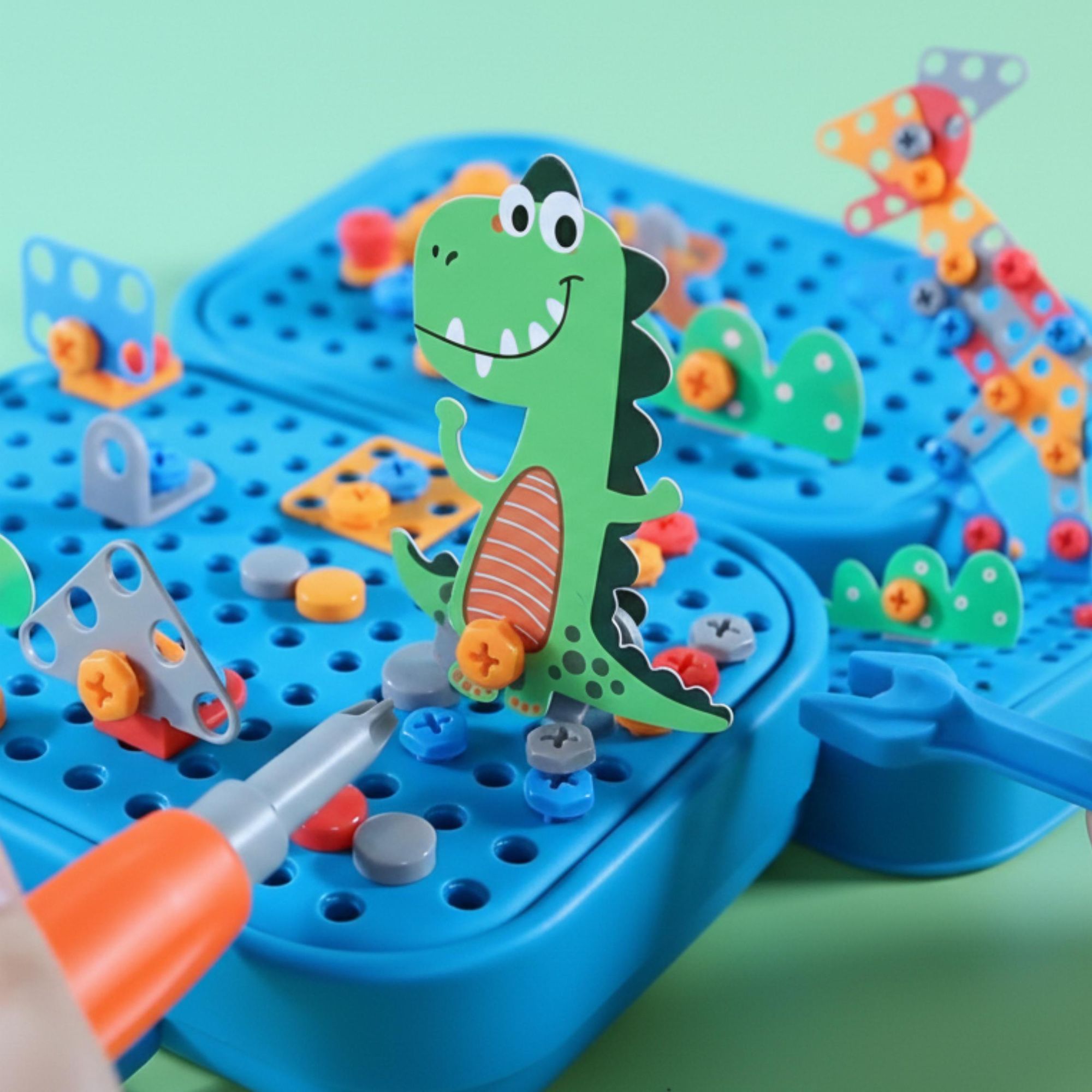 Dinosaurier Konstruktionsspielzeug 228 Teile, Montessori Werkzeugkasten mit Elektroschrauber, 3D Mosaik Steckspiel ab 3 Jahren, EVI TOYS