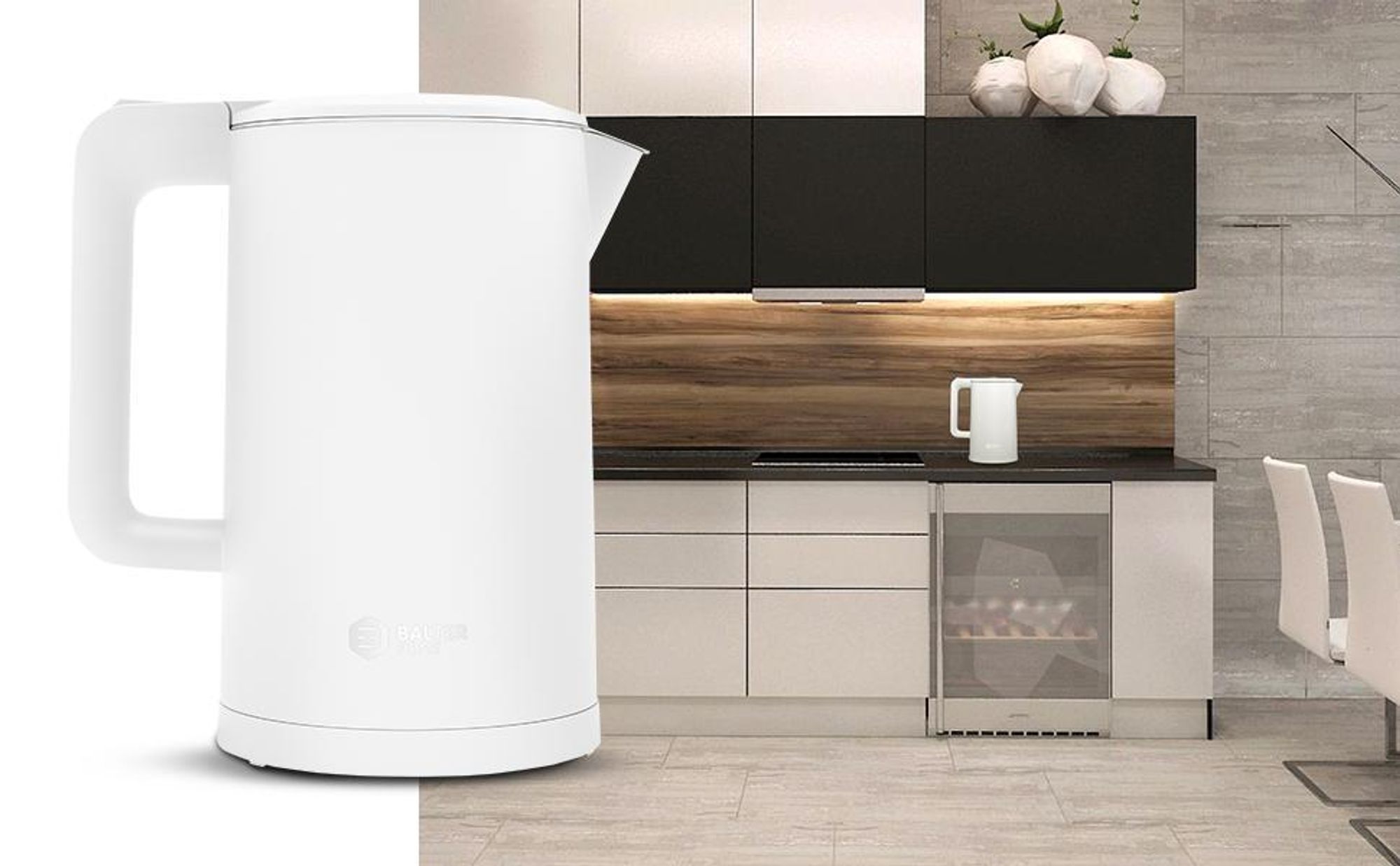 Balter Wasserkocher Edelstahl 1,7L, 2200W, BPA-frei, LED-Beleuchtung, Doppelwand, Teekessel mit Abschaltautomatik, Trockenlaufschutz, Weiß