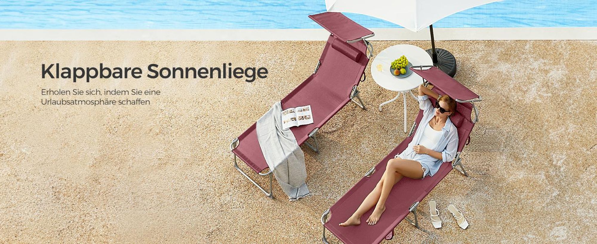 SONGMICS Gartenliege, klappbarer Liegestuhl, 193x53x29cm, mit Kopfstütze Rot