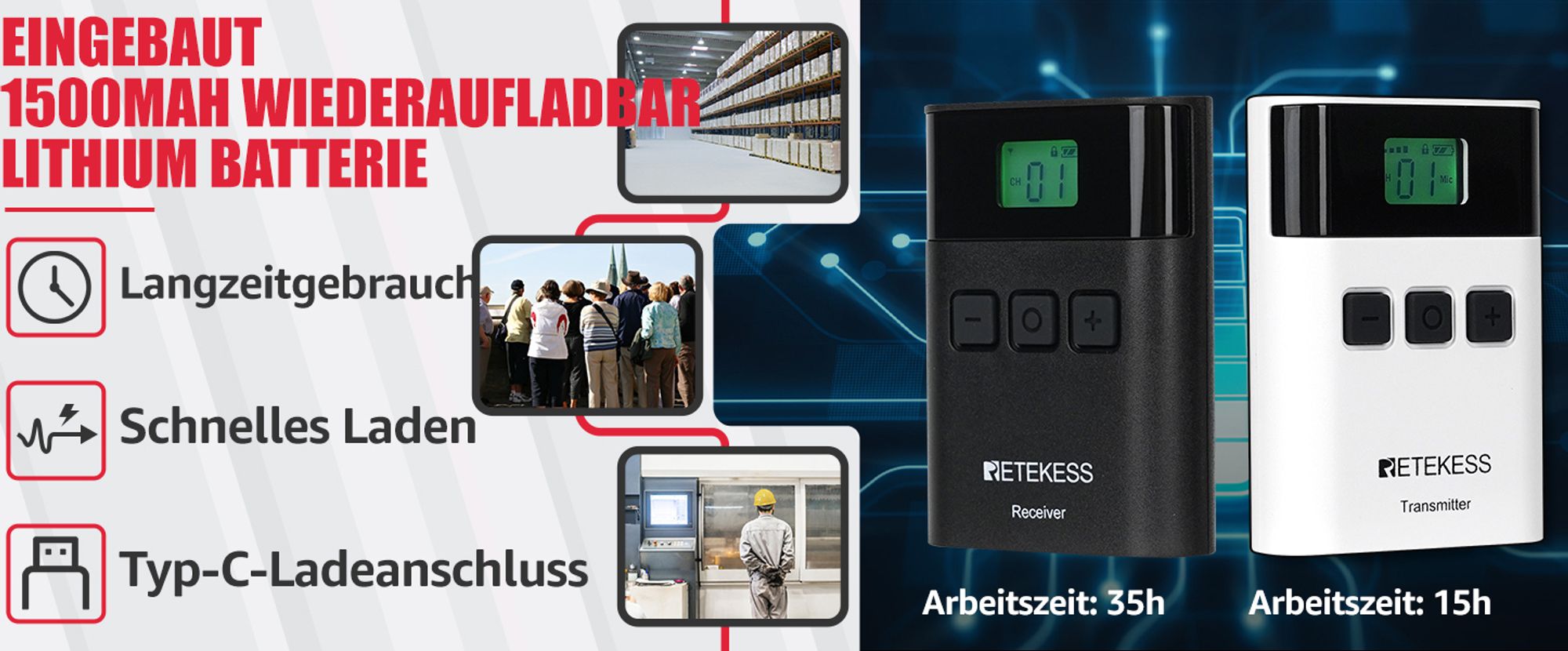 Retekess TT122 Tour Guide System, Wireless Audio Tour Guide System 36-Kanal-Übersetzungsausrüstung, mit 32-Slot-Ladebox TT015 für Fabrik, Konferenz, Tourismus, Lager, Regierung