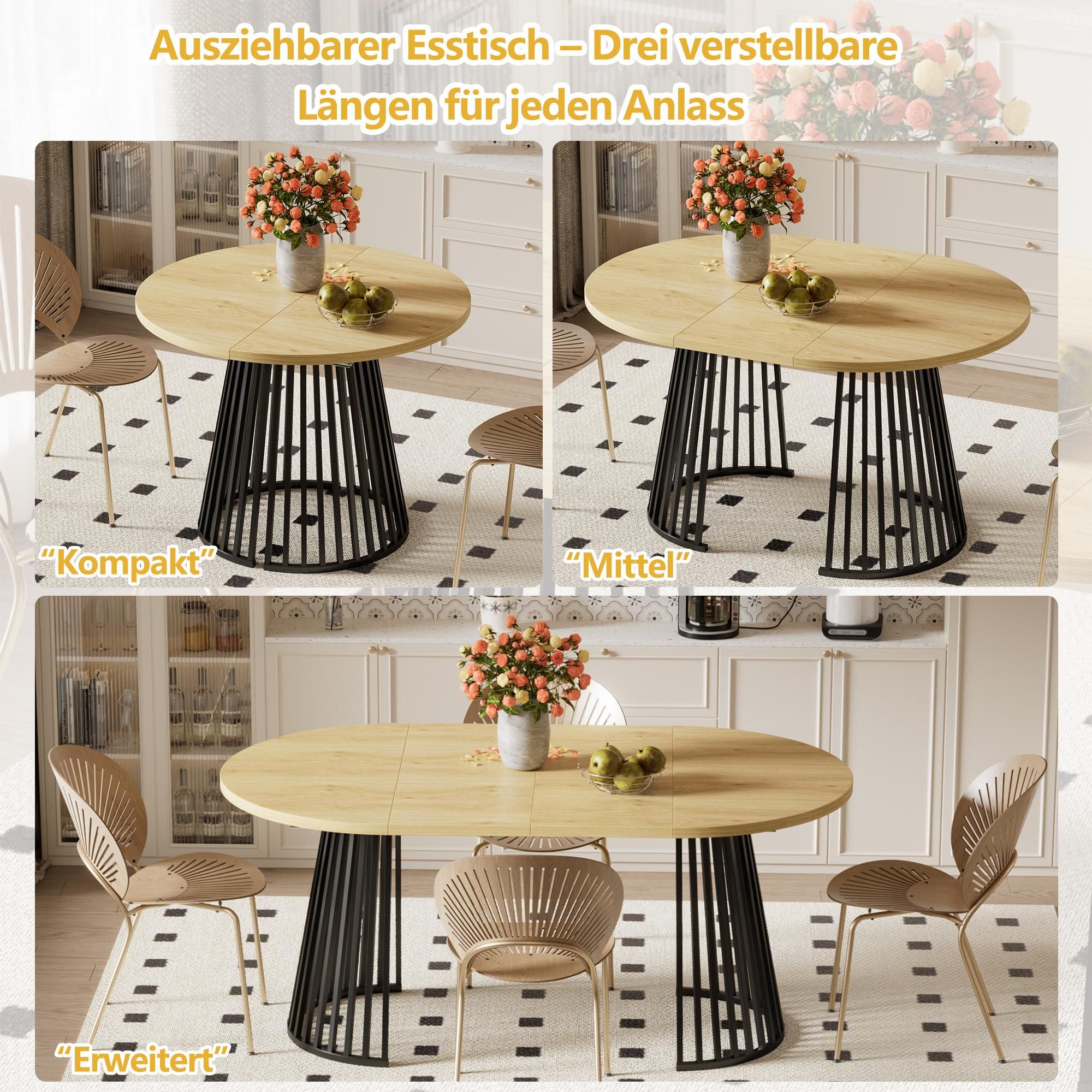 Runder Ausziehbarer Tisch für Esszimmer, 100-180cm 4-8 Personen, Esstisch Skandinavische Loft-Stil Saulengestell mit Rillenstruktu Metallbeinen