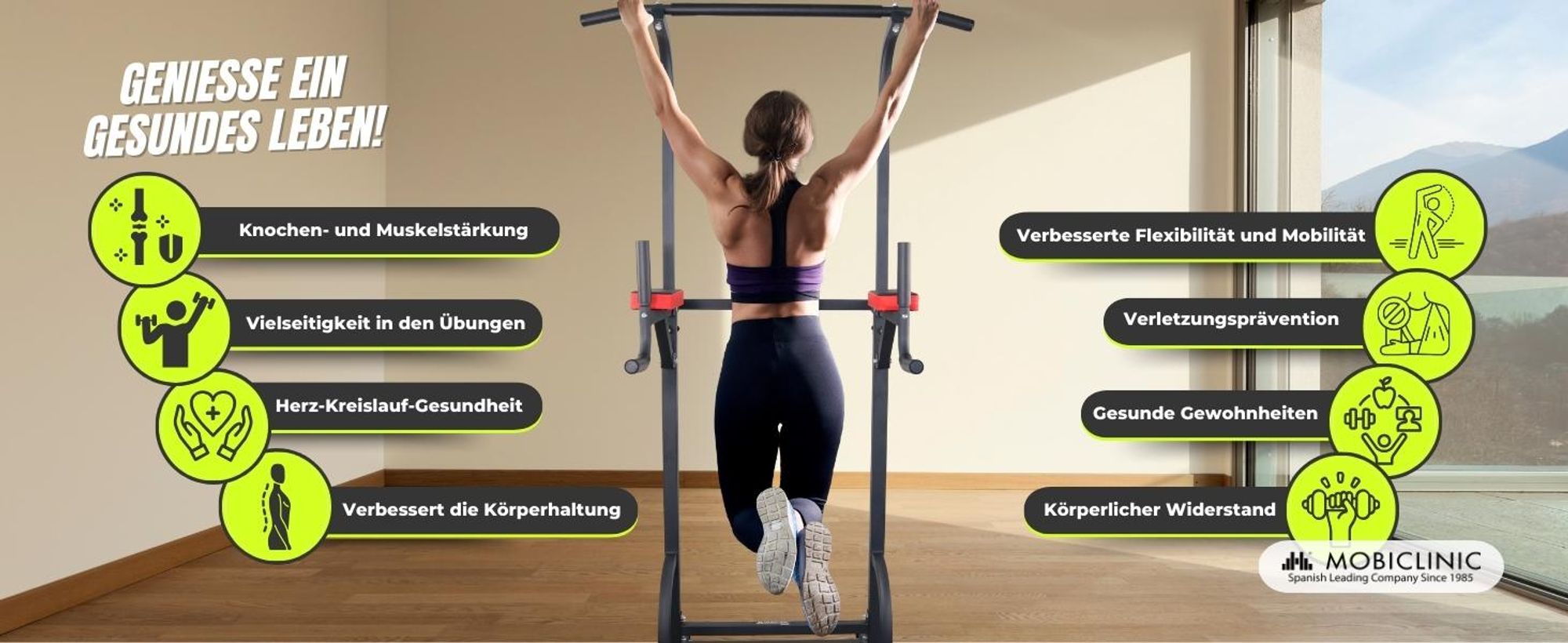 Mobiclinic Power Tower mit Gewichtsbank 100 kg Kraftstationen 9 in 1 klappbar Domifit verstellbar in 8 Höhen Klimmzugstange Liegebank Langhantelablage