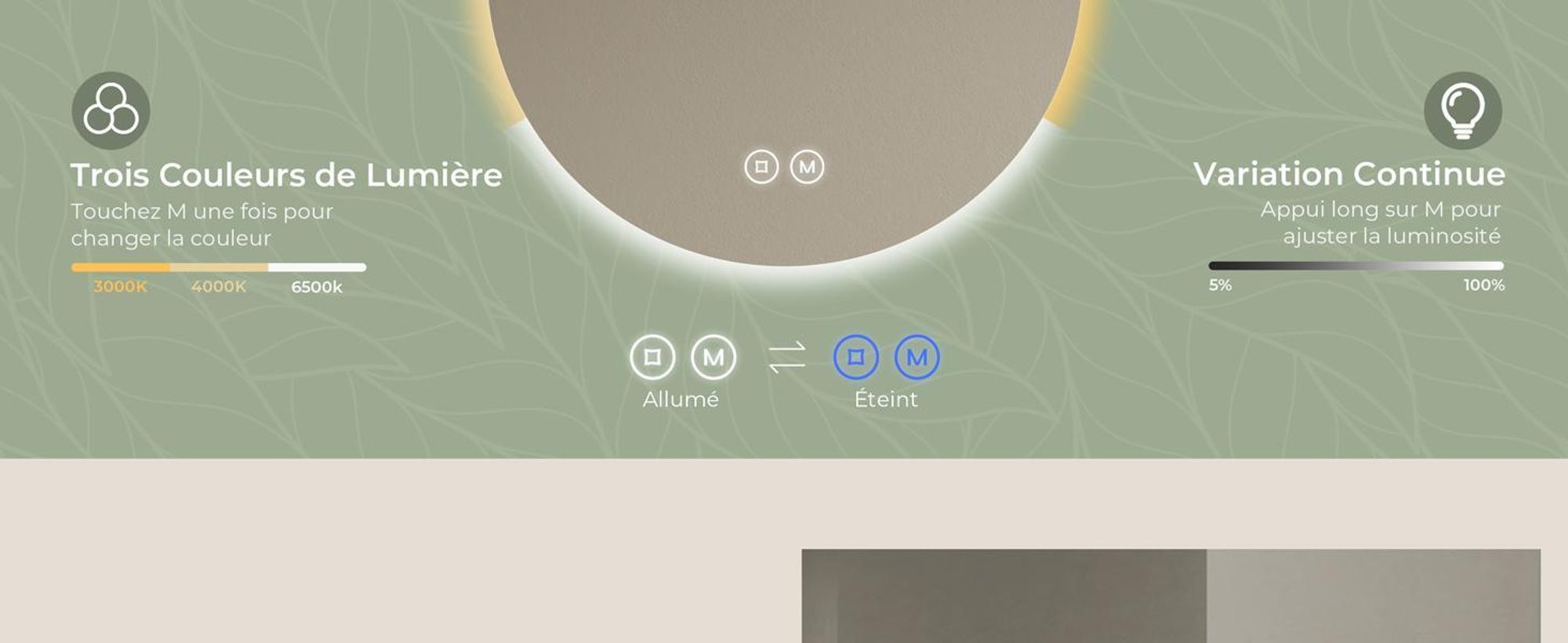 S'AFIELINA miroir de salle de bain LED rond miroir de salle de bain mural avec interrupteur tactile,3 couleurs de lumière 3000/4000/6500K 80 cm