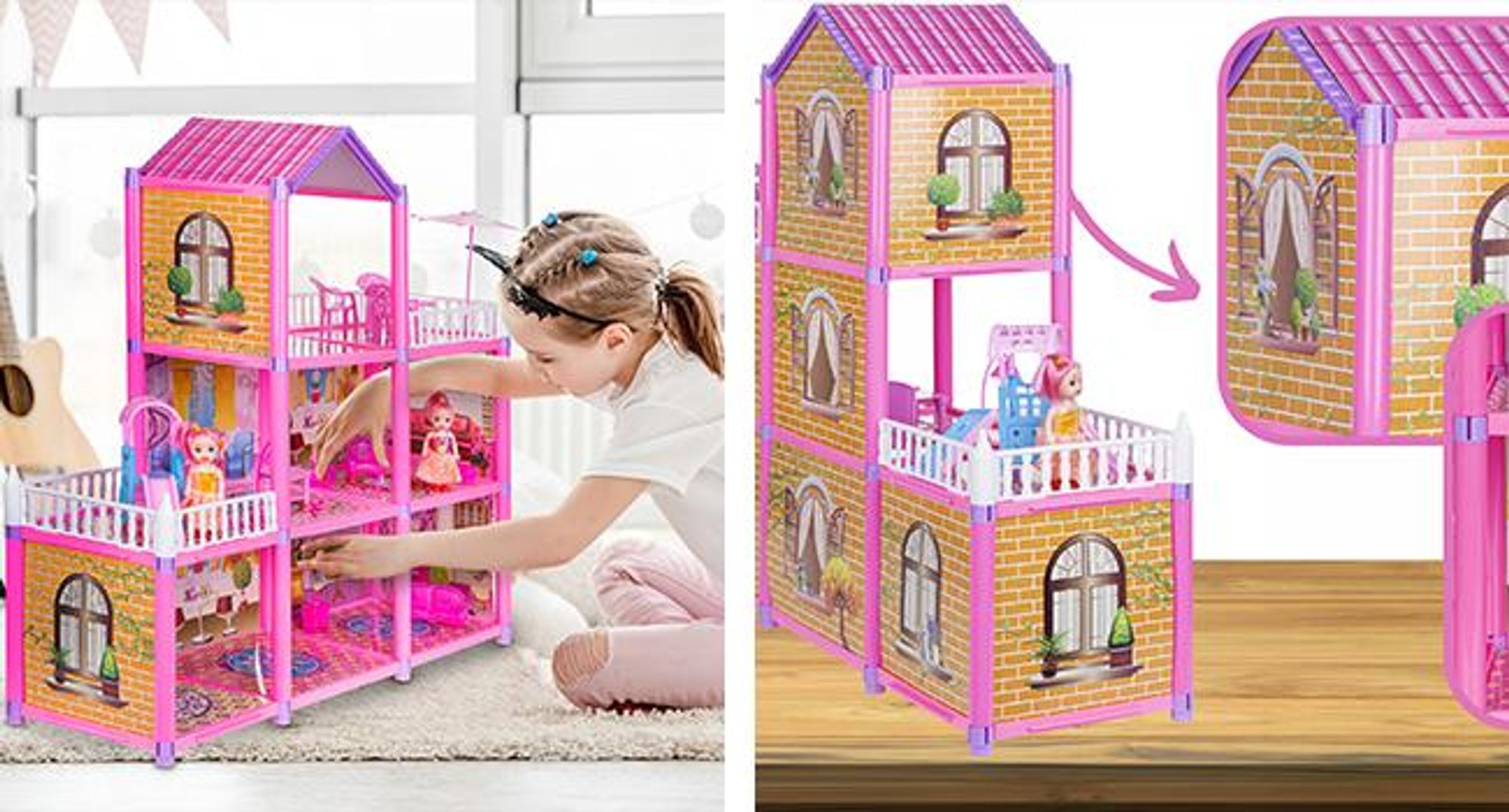 KRUMAD Puppenhaus 3 Etagen 129-teilig mit 2 Puppen, Möbel & Zubehör, Spielhaus mit Rutsche & Terrassen, Spielzeug ab 3 Jahren