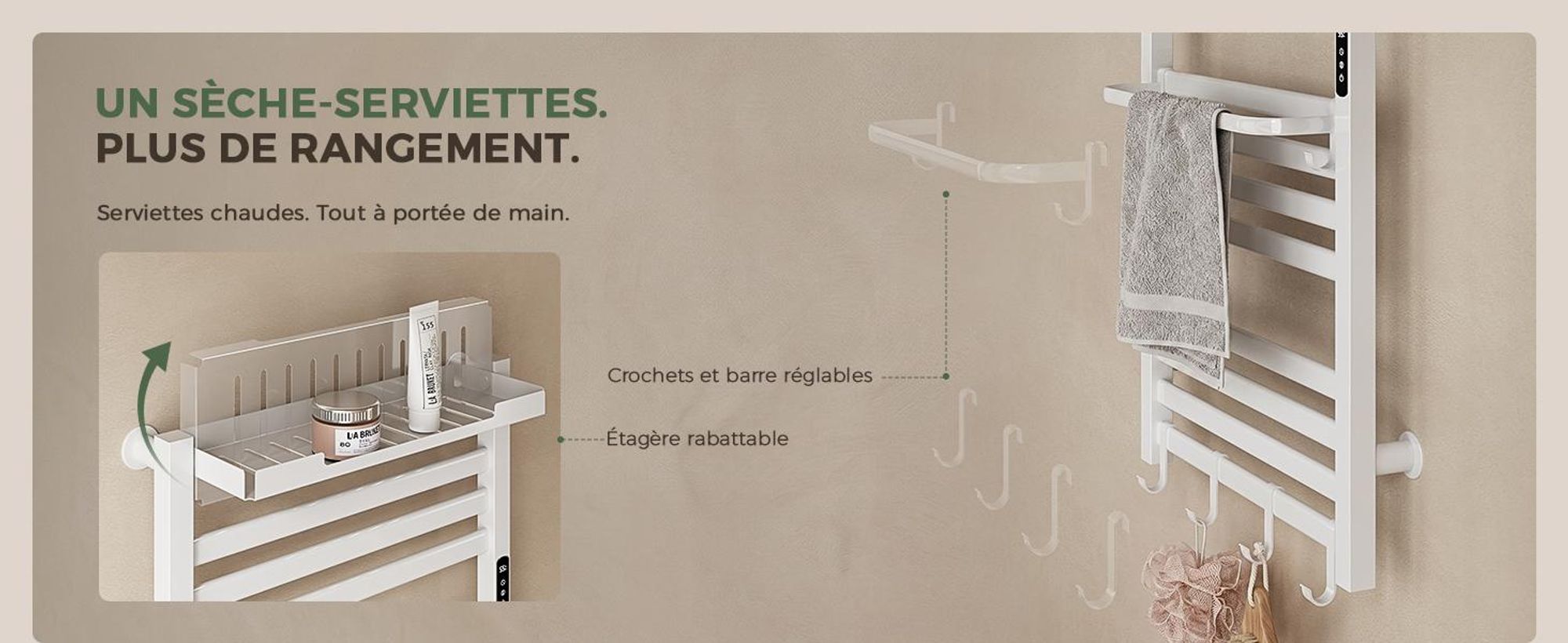 S'AFIELINA Sèche-serviettes électrique avec étagère 700× 600 mm 233 W Blanc,Radiateur sèche-serviettes électrique connecté, WiFi et application