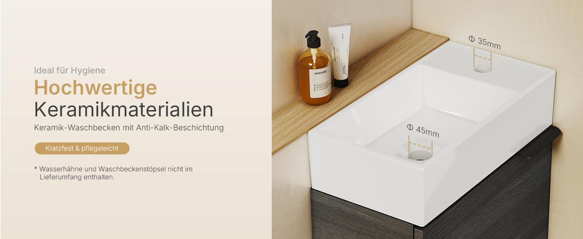 EMKE Waschbeckenunterschrank mit waschbecken 417×240×646 mm wandhängend, Badezimmerschrank, Waschtischunterschrank Soft-Close, Grau in Holzoptik
