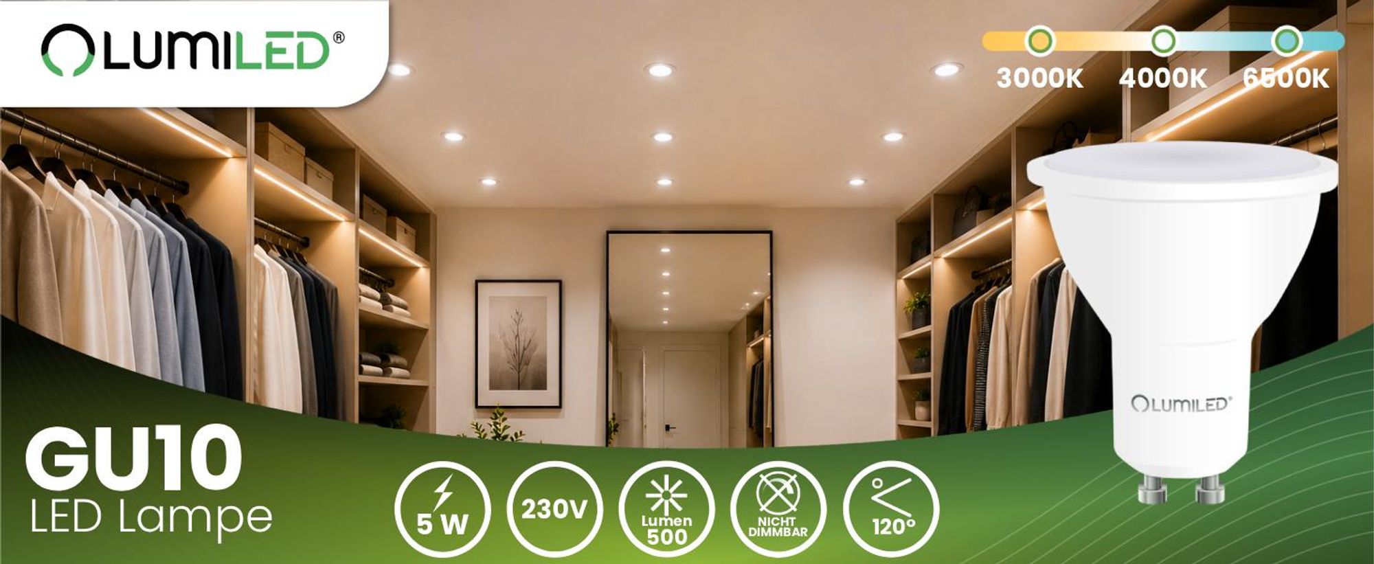 LUMILED GU10 LED Lampe PAR16 5W ersetzt 35W 500lm 3000K Warmweiß 120° 10er Pack Energiespar Leuchtmittel Nicht Dimmbar Spot Reflektor 10 Stück Lampen