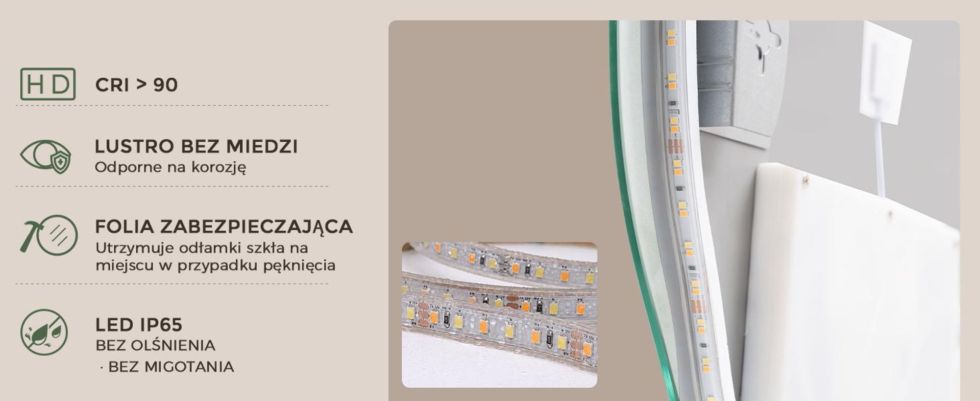 S'AFIELINA Lustro Łazienkowe LED 48 × 72 cm, Podświetlane, Asymetryczne,3 barwy światła, regulacja jasności, funkcja przeciwmgielna i pamięć ustawień