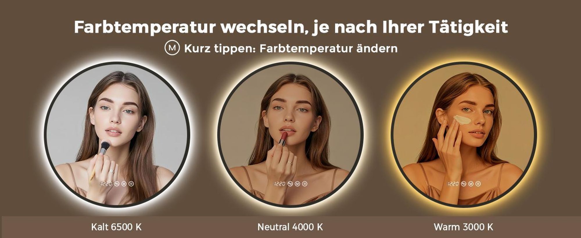 S'AFIELINA Badspiegel mit Beleuchtung Rund 70 cm Diameter,LED Badspiegel mit Touch, Beschlagfrei, Dimmbar, 3 Lichtfarben, Uhr, Temperatur,Schwarzer