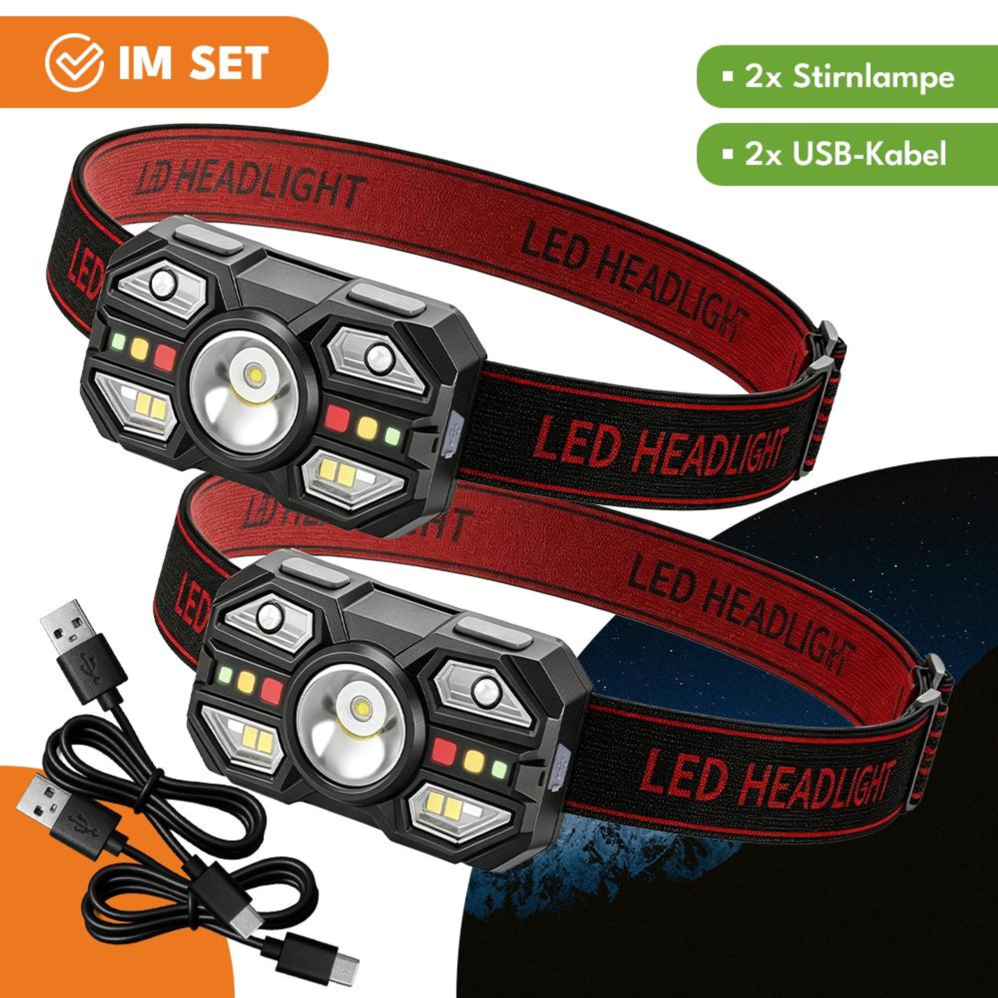 KRUMAD LED Stirnlampe 2er Set, wiederaufladbare Kopflampe mit 400 mAh Akku, Stirnleuchte für Arbeit, Freizeit, Reparatur und Outdoor