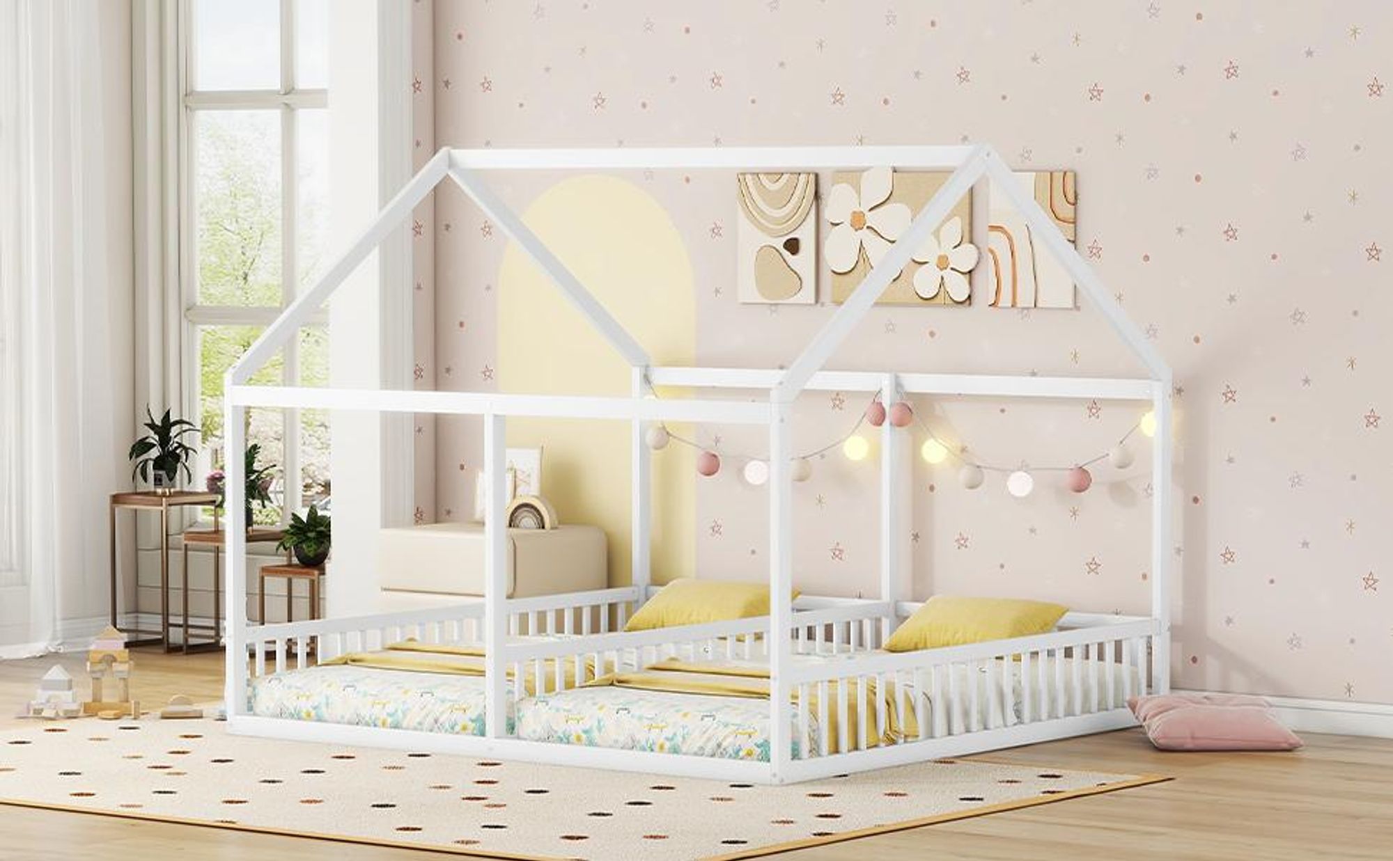 Merax Kinderbett 90x200cm mit Rausfallschutz, Lattenrost und Dachform, zwei Einzelbetten unter einem Dach, 2-in-1 Hausbett Kieferholz Plattformbett für 2 Kinder, Weiß