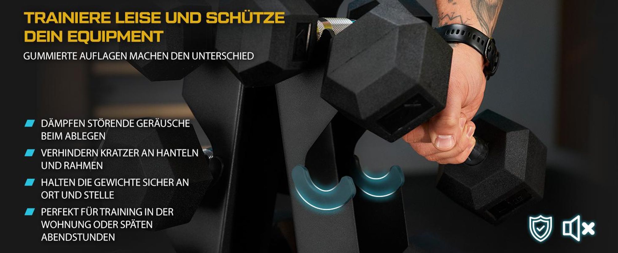Das Bild zeigt einen Hantelständer mit gummierten Auflagen