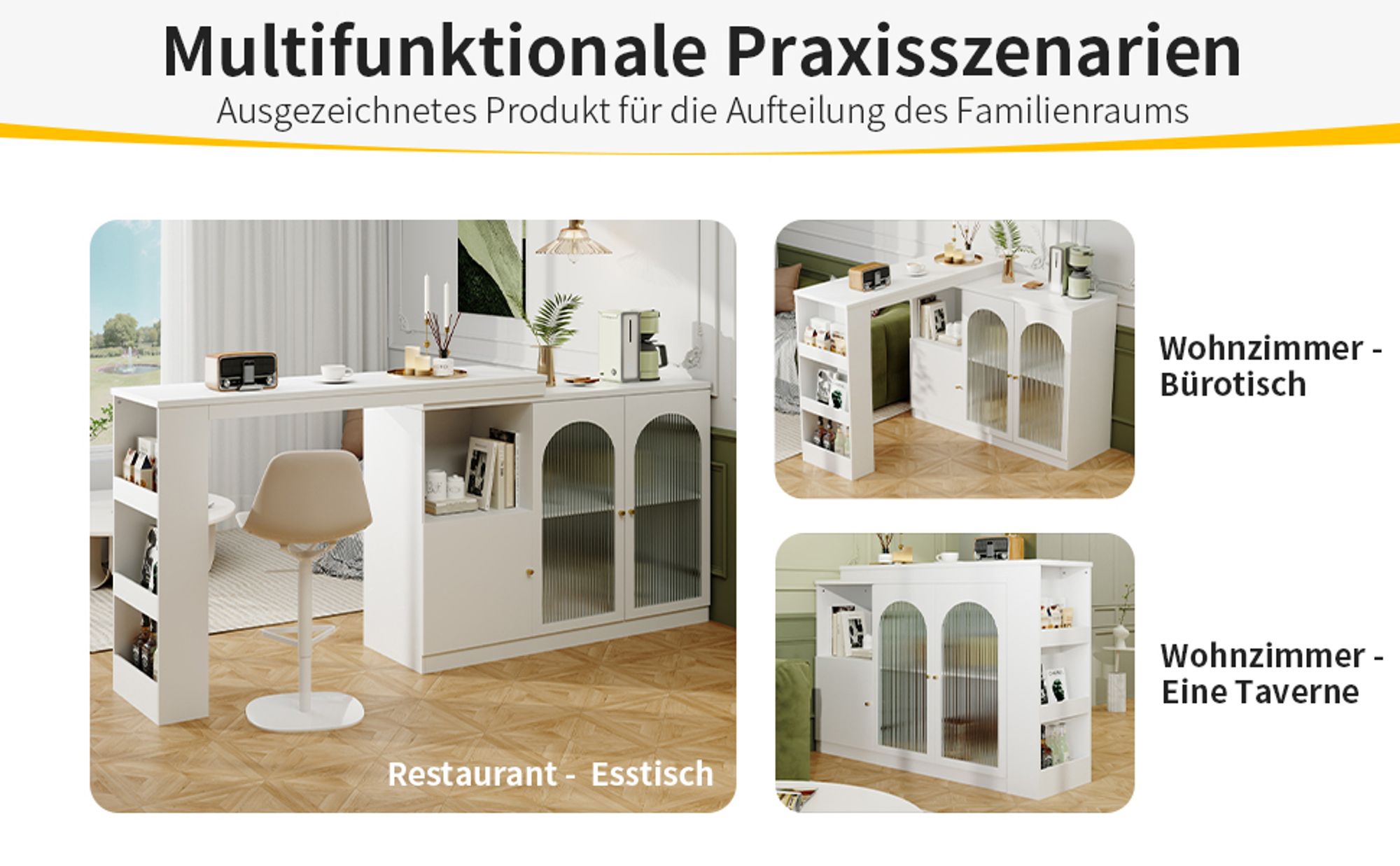 Flieks Bartisch 360°drehbar, Stehtisch mit Sideboard, Küchentisch ausziehbar, Kaffeebar mit Schrank, Sideboard mit Glastür, Weiß