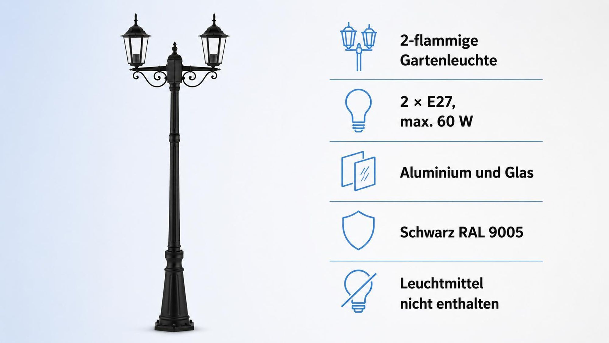 MasterLED Mastleuchte Kandelaber Victoria 2-flammig 2xE27 238 cm Schwarz IP44