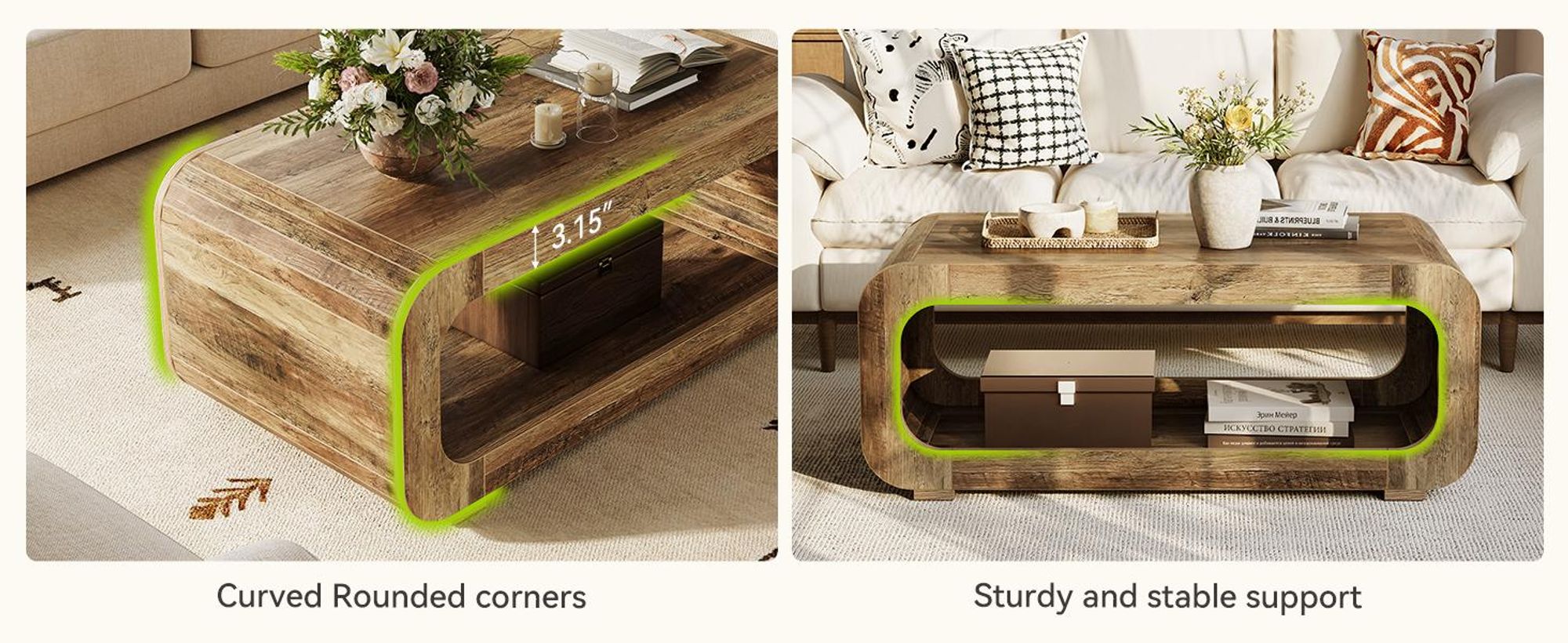 120 cm Couchtisch mit offenem Stauraum, rechteckiger Akzenttisch, niedriger Cocktail- und Teetisch für Homeoffice und Wohnzimmer, rustikales Braun