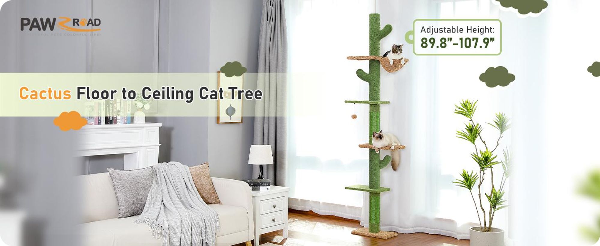 PAWZ Road Kaktus Kratzbaum deckenhoch 229cm - 275cm cm höhenverstellbarer,Katzenkratzbaum mit 4 Ebenen-Katzenbaum Deckenspanner-Katzenmöbel mit Sisal