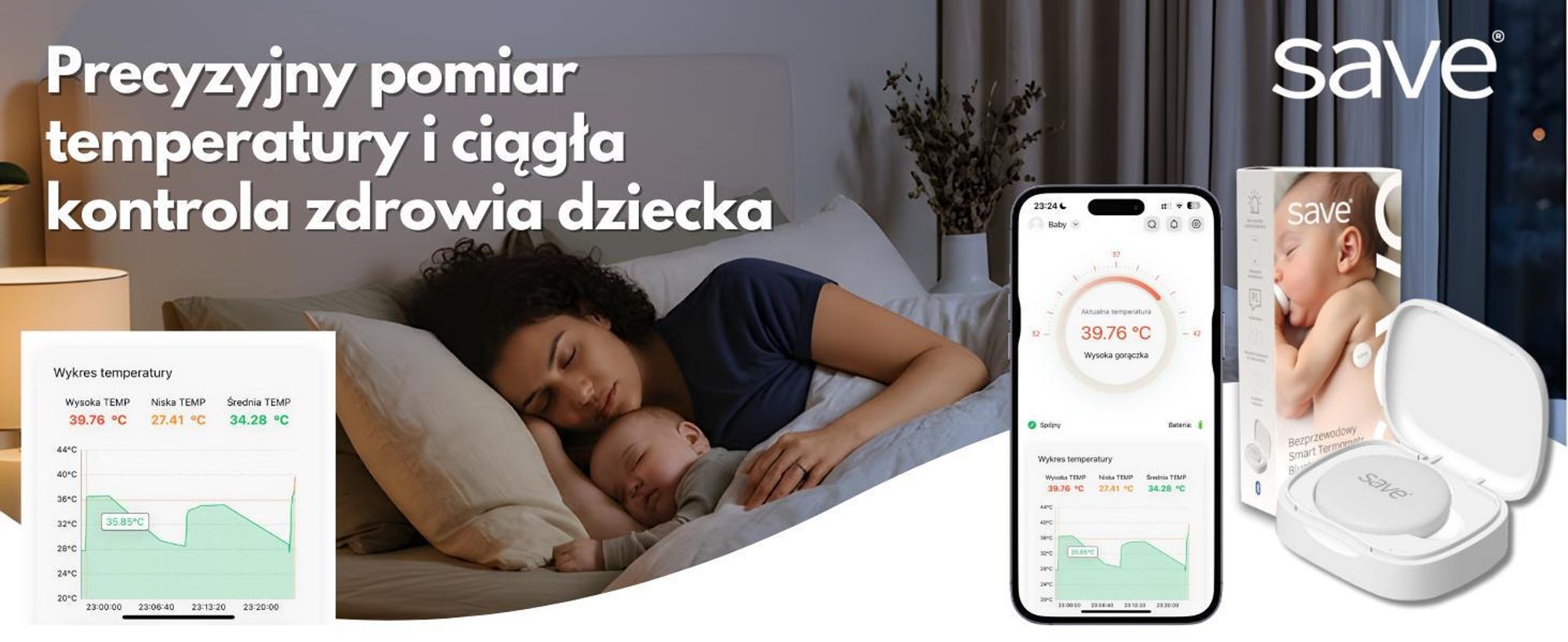Termometr bezdotykowy dla dzieci medyczny na podczerwień alarm gorączki aplikacja SAVE