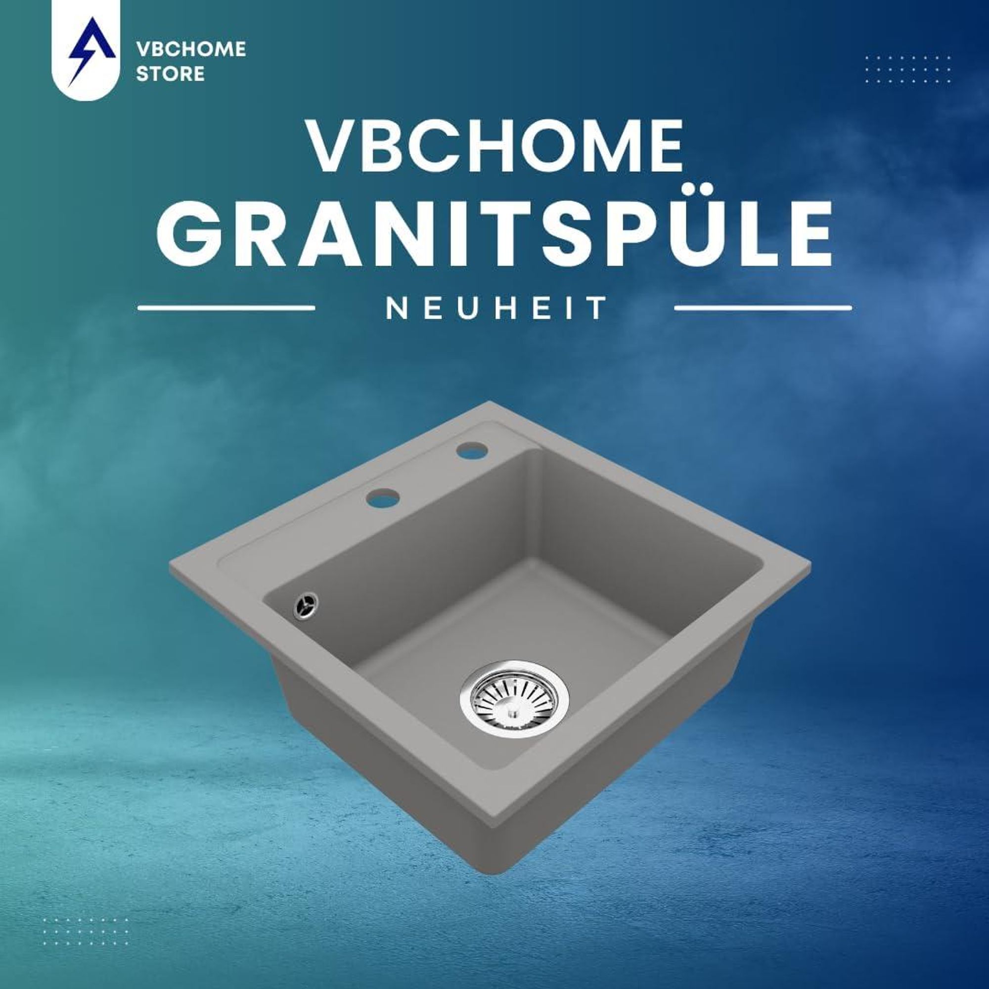 VBChome Granitspüle 44 x 44 cm Grau Einzelbecken Einbauspüle Gesprenkelt Pflegeleichtes Spülbecken mit Siphon Ideal für kleine Küchen
