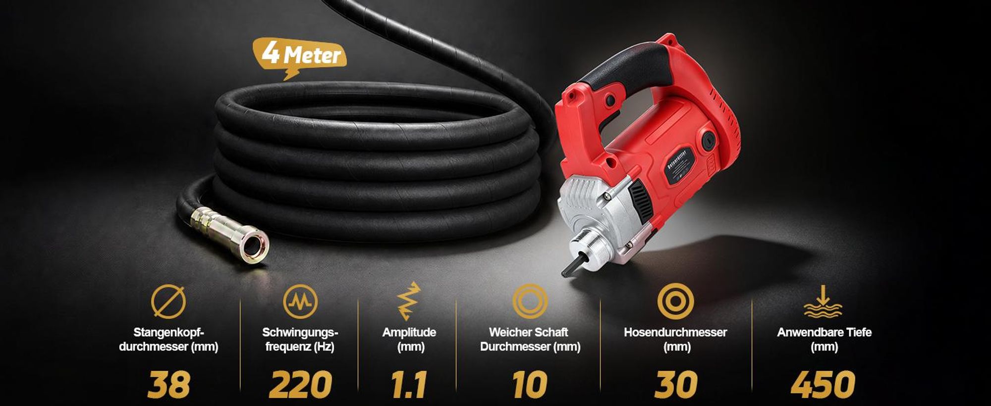 2800W Betonrüttler mit 4m SCHLAUCHLÄNGE Ø38 mm Flaschenrüttler 6800 U/min Elektro Betonverdichter Beton Rüttelflasche Innenrüttler für Betonbauanlässe