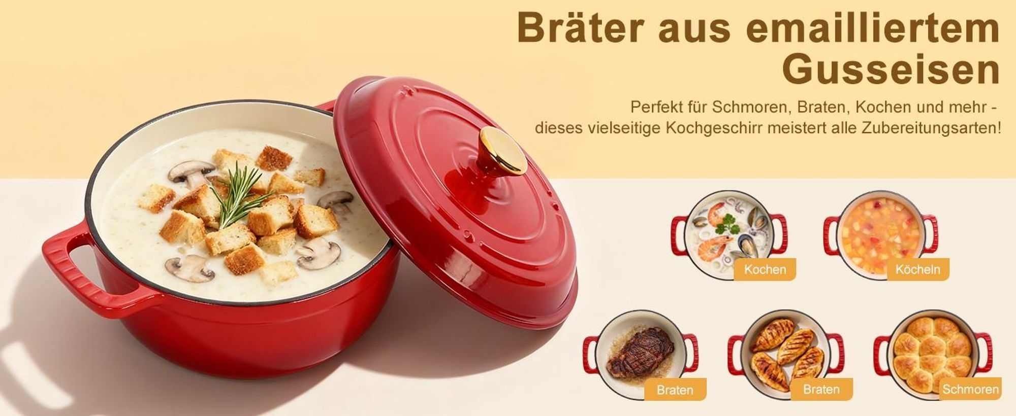 FCH Gusseisen Topf 26cm - 6QT-5.5L Emaille Bräter mit Deckel backofengeeignet - für Küche Backen Schmoren Braten (Rot)