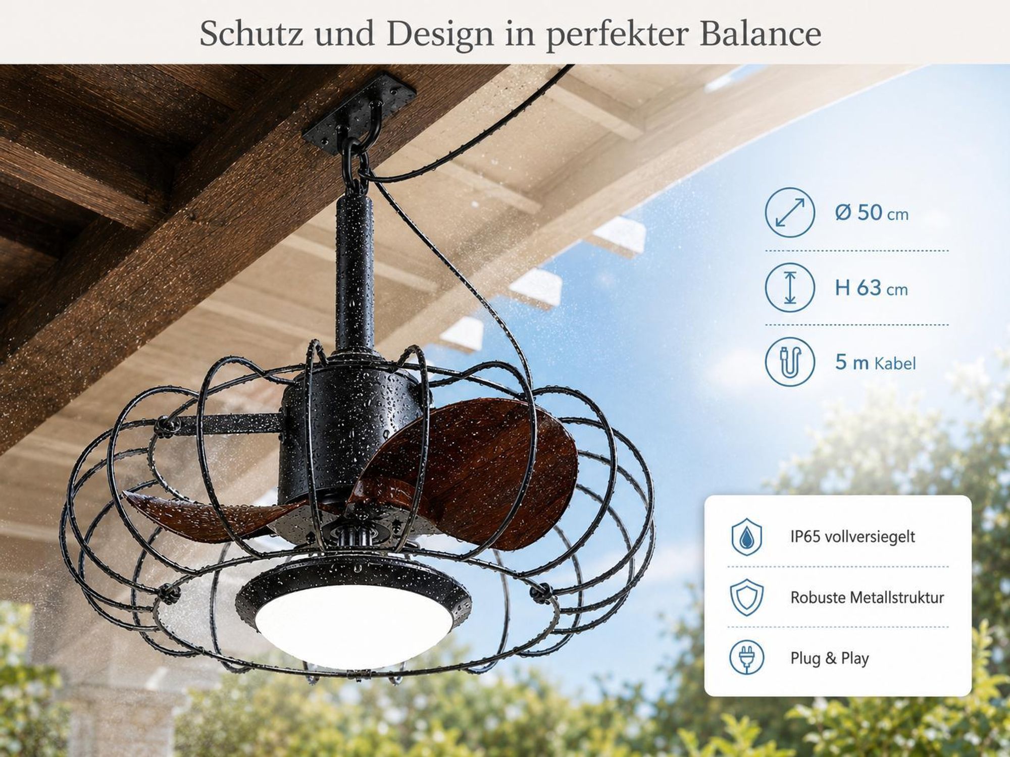 50CM Outdoor Deckenventilator mit Beleuchtung und Fernbedienung, IP65 Außen Lampe mit Ventilator, 6 Stufen, für Balkon Pavillon Terrasse, 5m Kabel