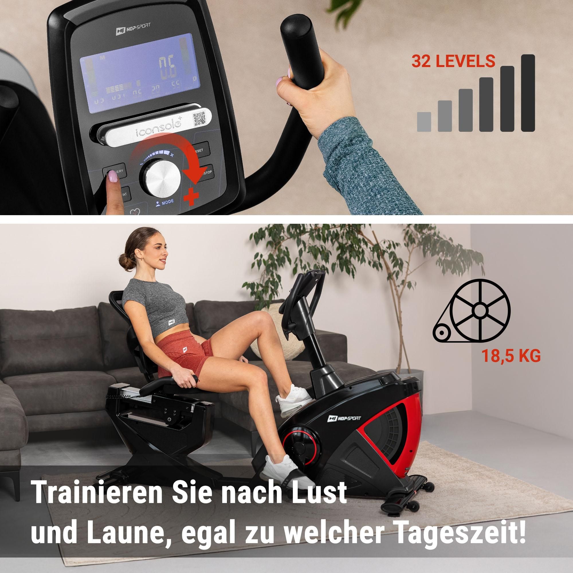 HOP SPORT® Liegeergometer für Zuhause mit 16 verstellbaren Widerstandsstufen, Leise Liegerad Heimtrainer mit Smart Bluetooth APP, Großer Bequemer Sitz