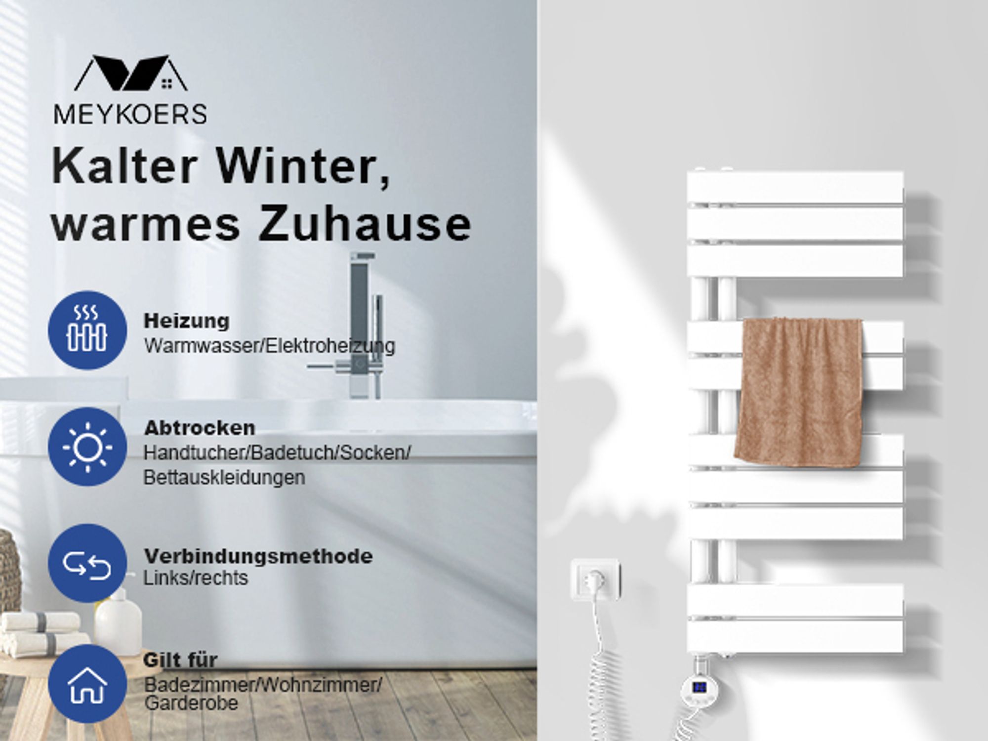 Heilmetz Handtuchtrockner Elektrisch Weiß Badheizkörper 1176 x 500mm Heizkörper Asymmetrie Design Handtuchwärmer - Montage links