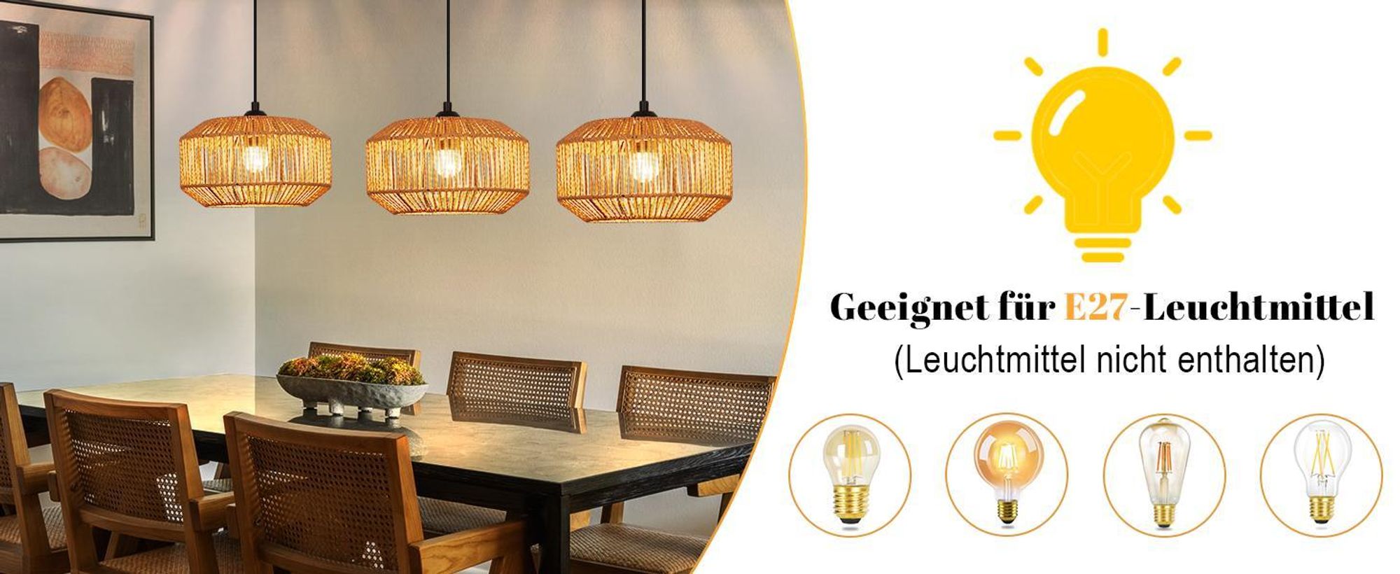 ZMH Lampe à suspendre Boho Lampe à suspendre en rotin Lampe à suspendre réglable en hauteur Lampe à suspendre 3 flammes Lampe de table à manger avec douille E27 pour chambre à coucher