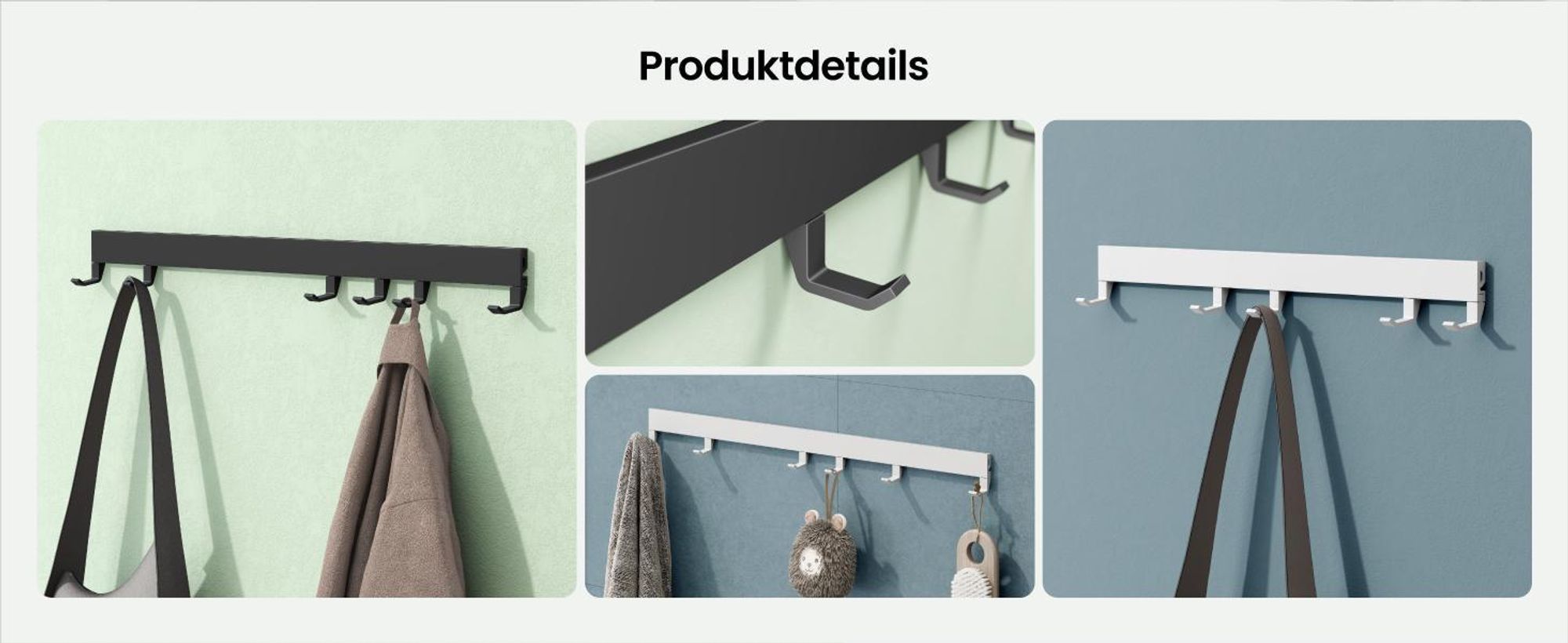 Mai & Mai Garderobenleiste mit 6 verstellbaren Haken, Kleiderhaken aus Aluminium, Wandgarderobe Garderobenhaken 60cm Matt weiß Stalo-10