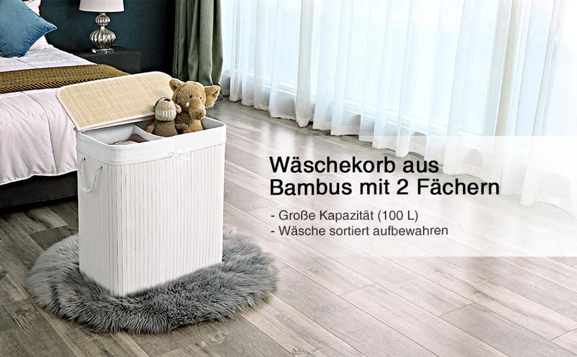 SONGMICS Wäschekorb, aus Bambus, mit 2 Fächern, herausnehmbar, 100 L, weiß