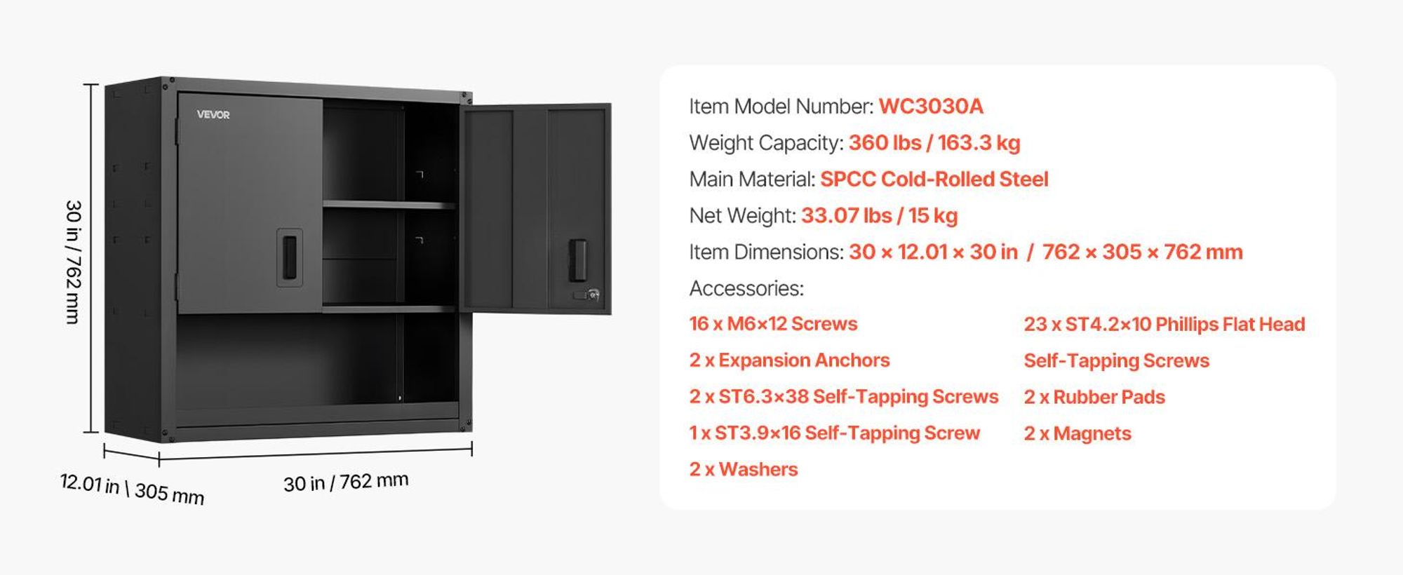 VEVOR Hängeschrank Werkstatt, 762 x 305 x 762 mm, Werkzeugschrank aus Stahl mit