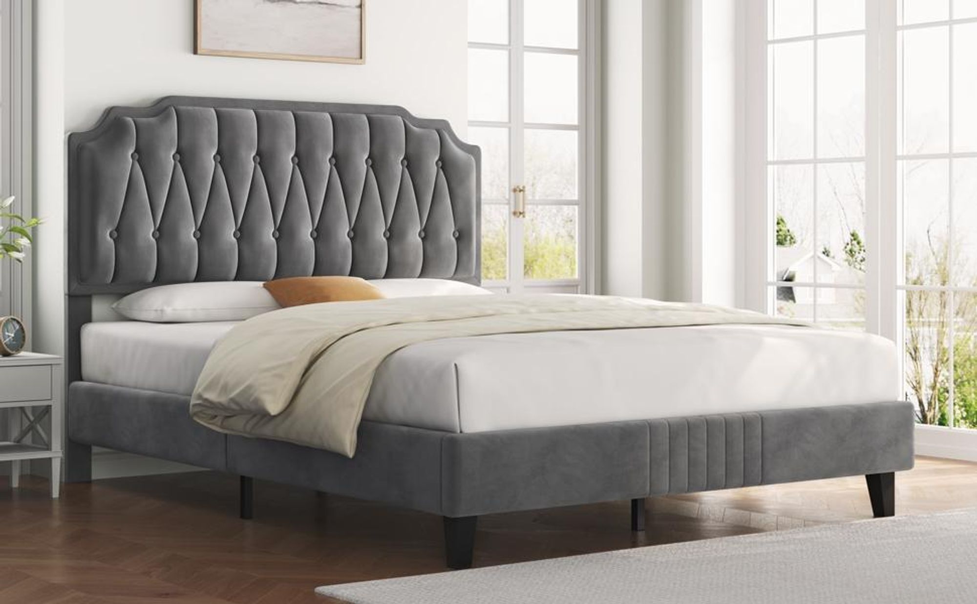 Yaheetech Polsterbett mit höhenverstellbarem Kopfteil Doppelbett 140×200cm Stoffbett Jugendbett Gepolstertes Bett Bettrahmen mit Lattenrost Dunkelgrau