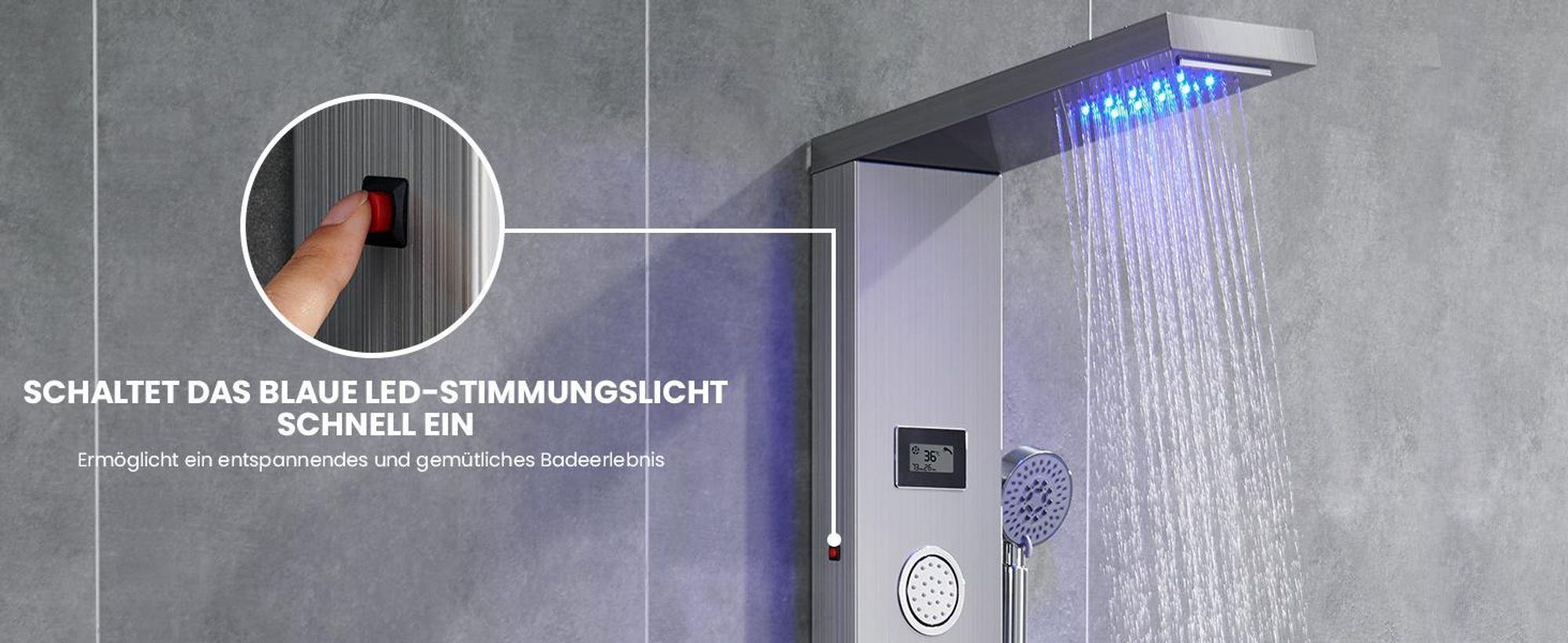 Duschpaneel Regendusche, Edelstahl Dusche Armaturen LED 3 x Massagedüsen Duschsystem Duschsäule Duscharmatur Wasserfall mit Temperatur Display Duschsystem aus Gebürstet