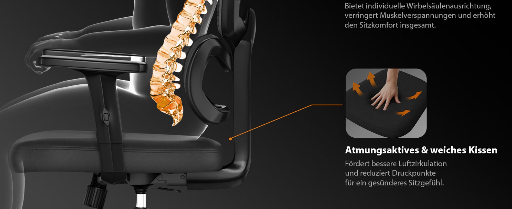 SENSE7 VENO Ergonomischer Bürostuhl -  Schreibtischstuhl Schwarz Geteilte Rückenlehne Kopfstütze Netzrücken Gummirollen Homeoffice Chefsessel 120 kg